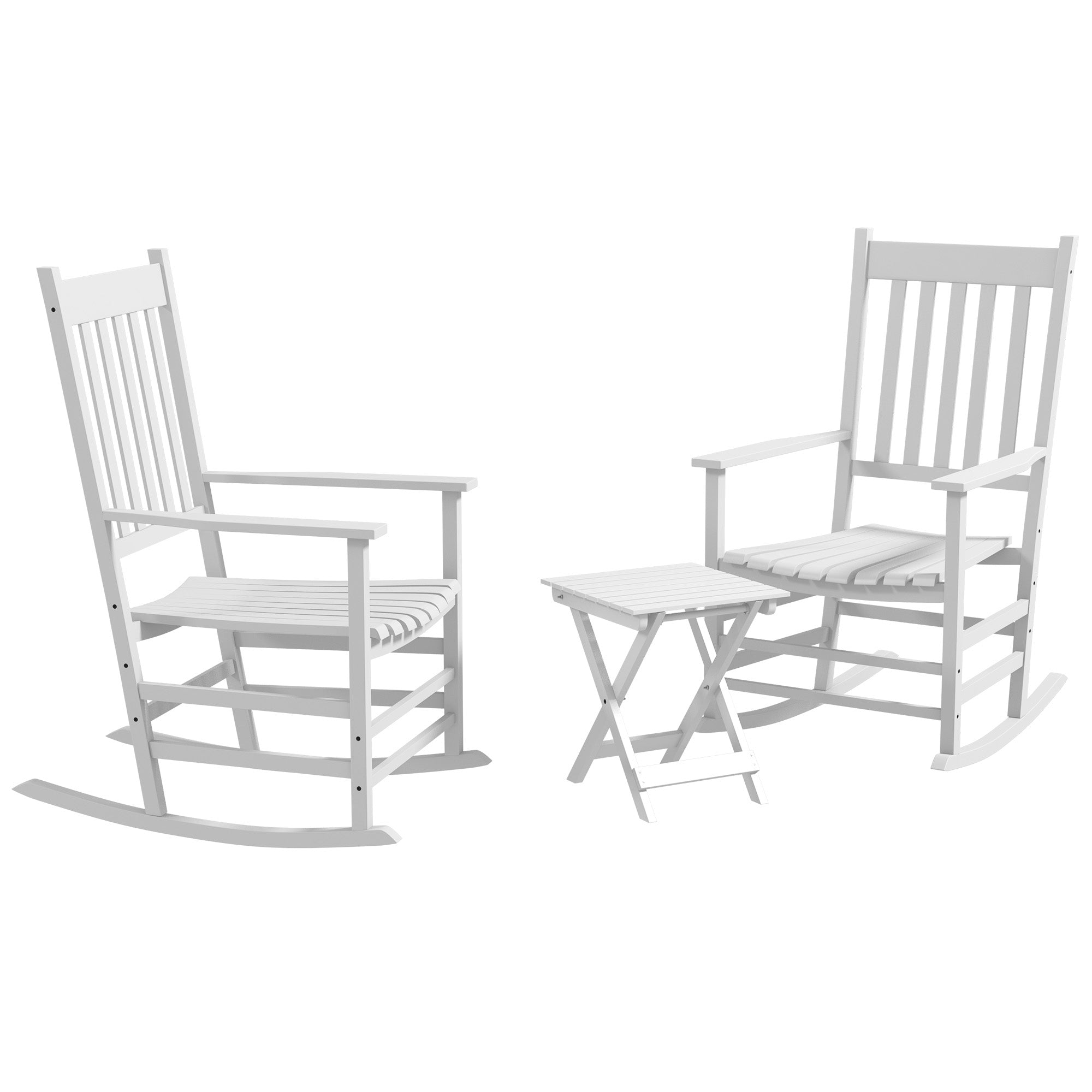 Outsunny 3 Pieces Outdoor Rocking Chair Set, Wooden Patio Rocking Chair Set with Folding Table, High Back and Armrests, White