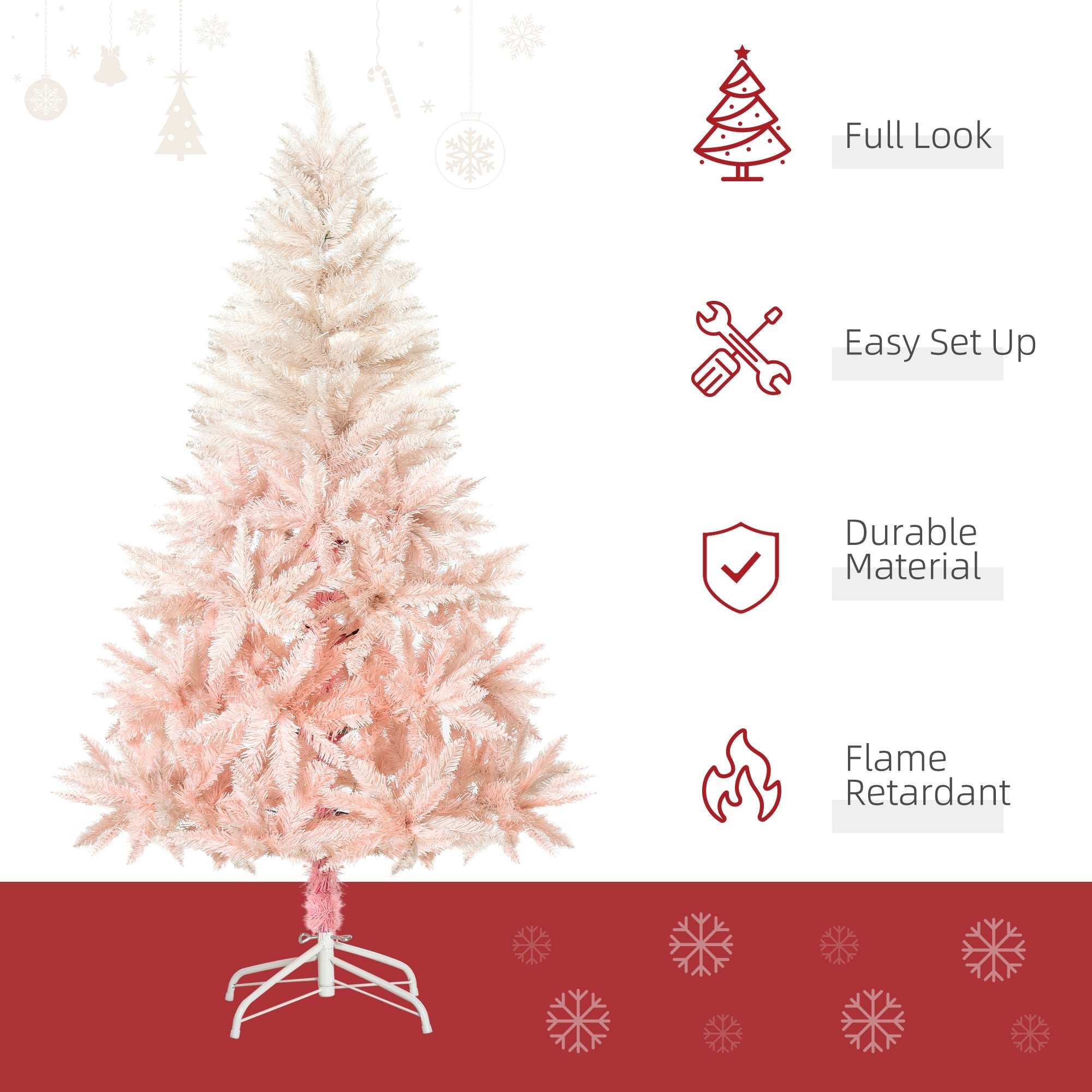 HOMCOM 5ft White and Pink Artificial Christmas Tree with Metal Stand, Easy Automatic Open for Holiday Home Decoration