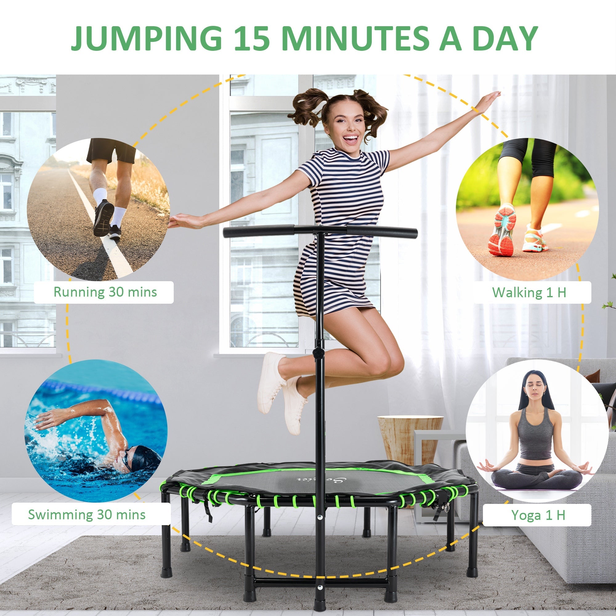 Soozier Foldable Mini Trampoline with Adjustable Handle Bar 48" for Adult Fitness Workout Green