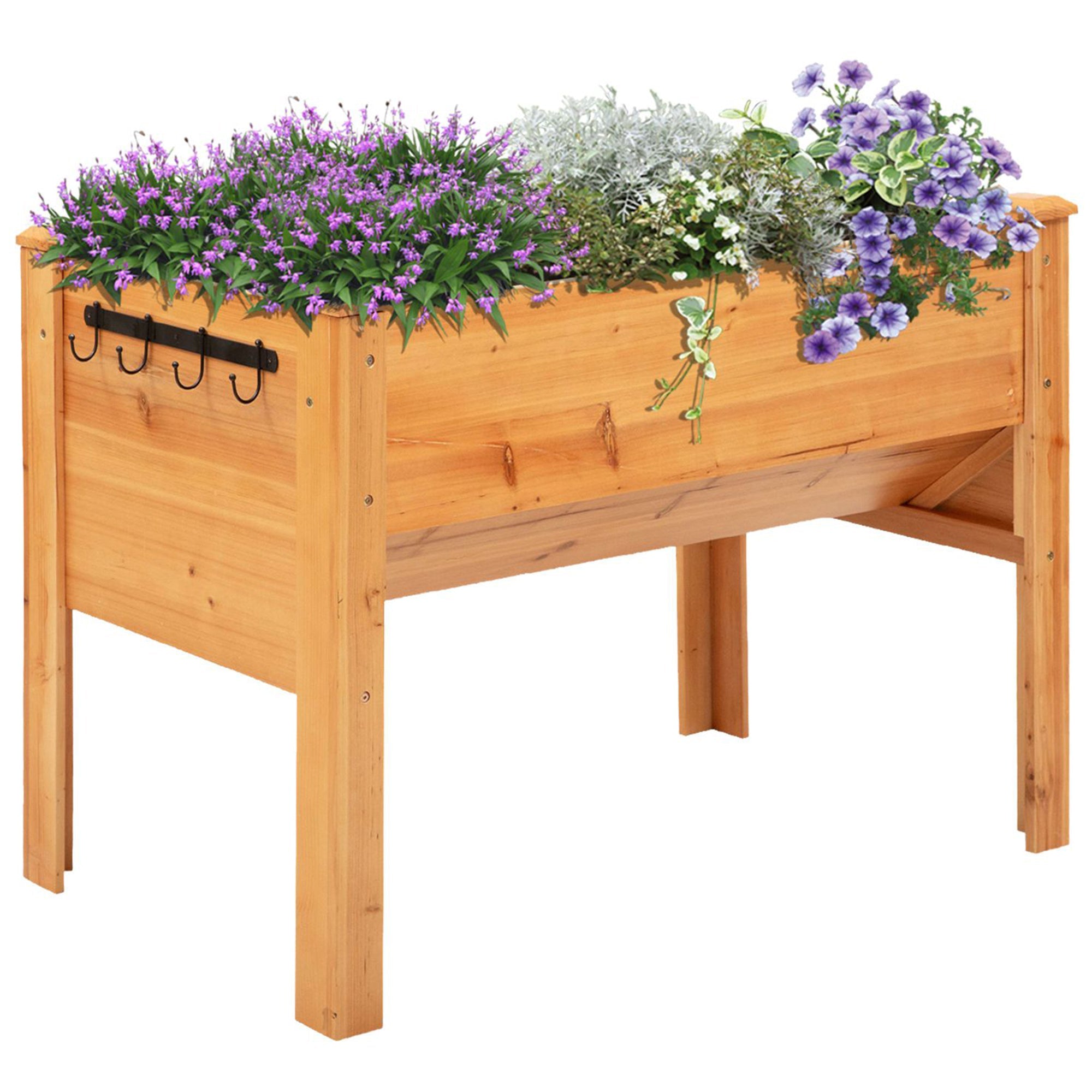 Outsunny Wooden Raised Garden Bed Tall Outdoor Plant Stand Flower Box with Hooks Natural Wood