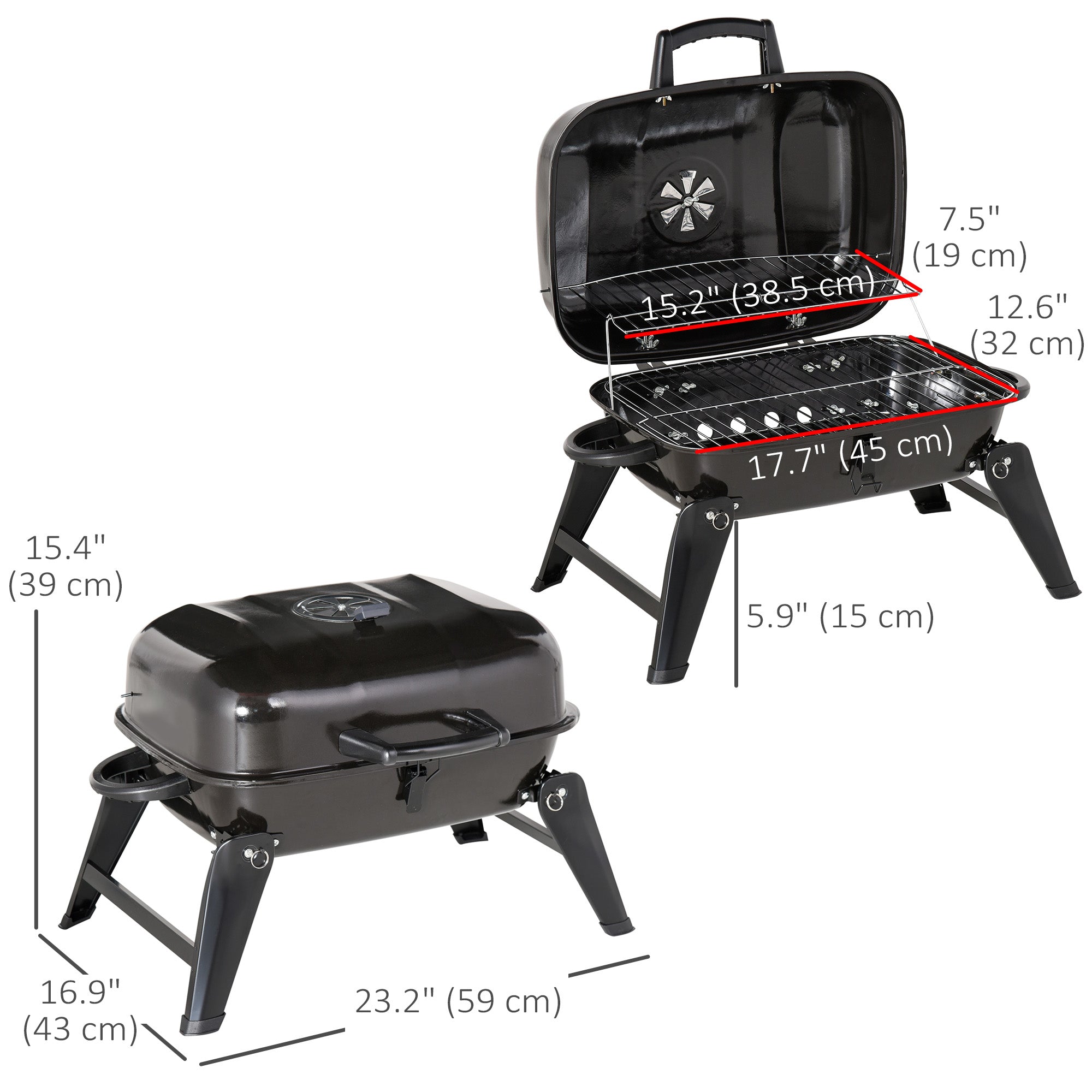 Outsunny 23" Portable Tabletop Steel Charcoal Grill Outdoor BBQ Camping Picnic Cooker Barbecue Smoker w.Air Vent Black