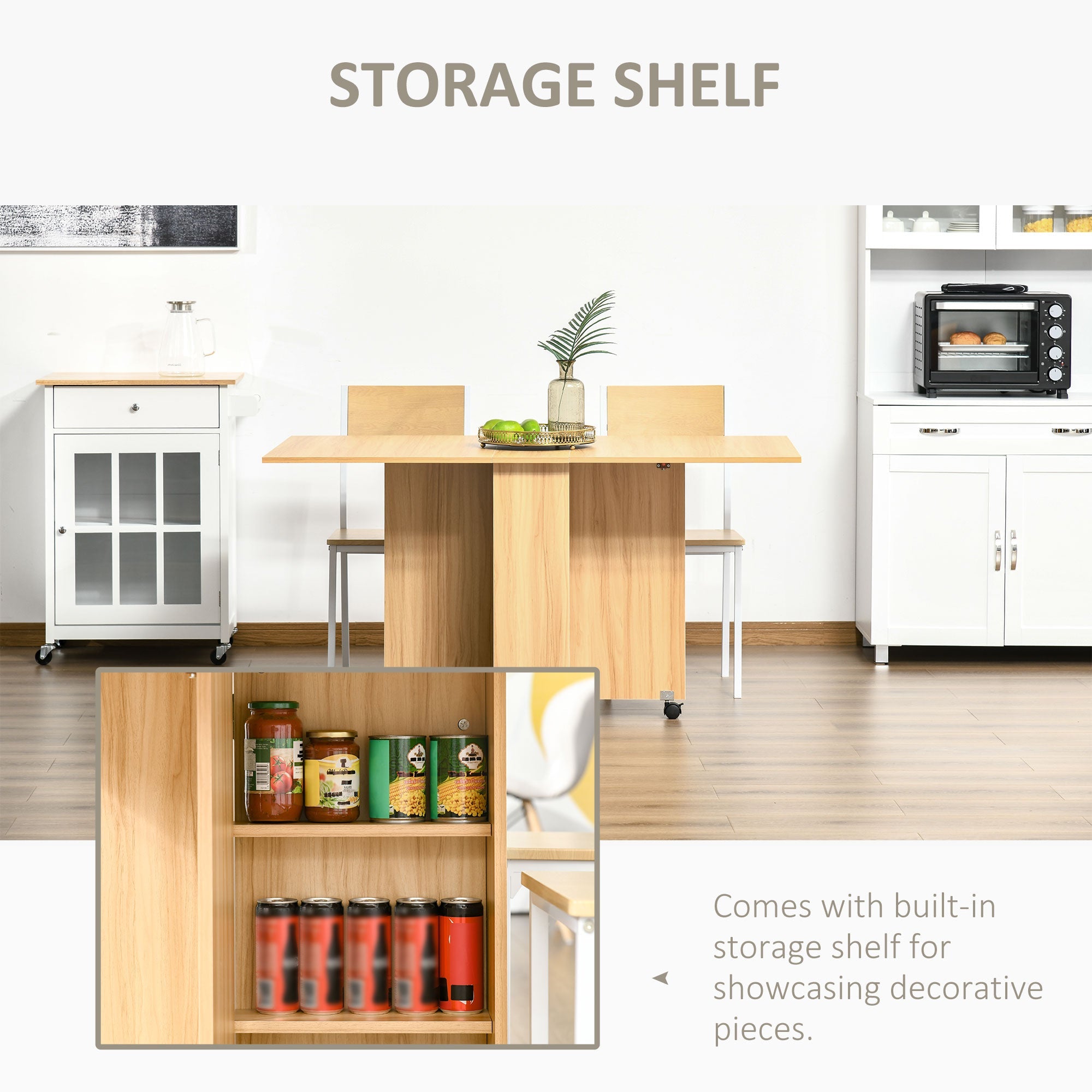HOMCOM Foldable Drop Leaf Side Table Console Writing Desk with Storage Shelves 2 Wheels for Kitchen Teak Finish