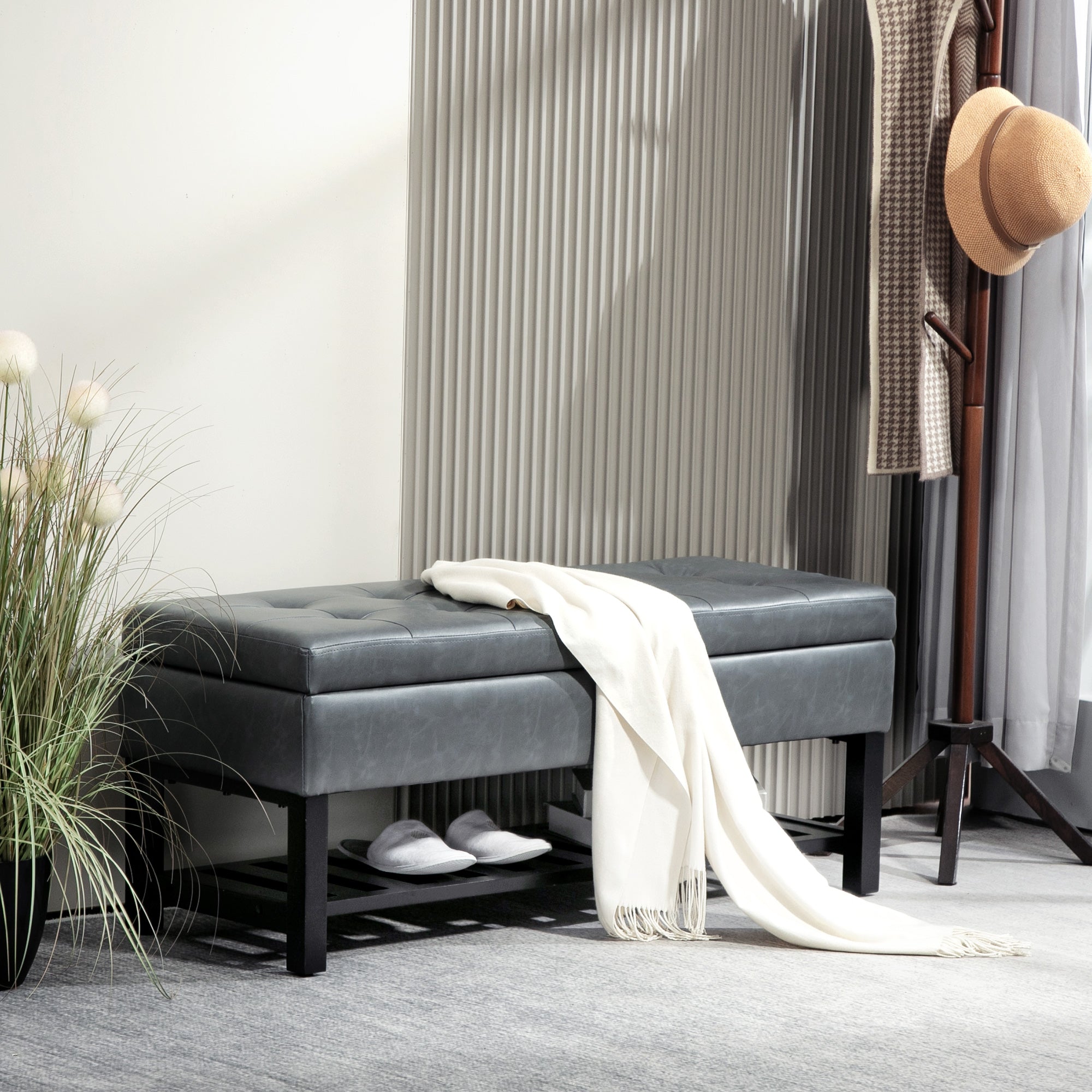 HOMCOM 44" PU Leather Tufted Ottoman Shoe Bench Storage Chest Hallway Grey