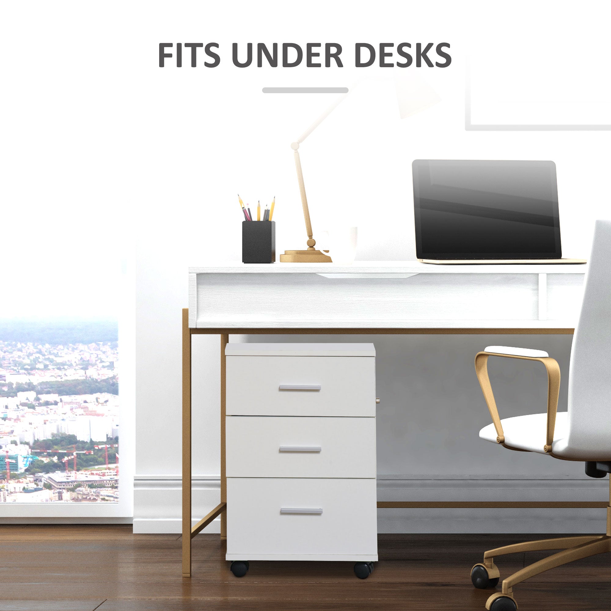 Vinsetto 3 Drawer Mobile Filing Cabinet with Lock and Keys Wheels for Home Office Storage Organizer White