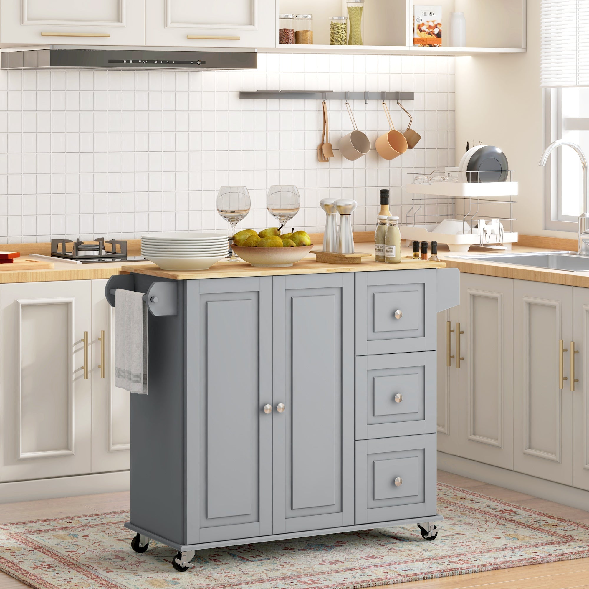 HOMCOM Kitchen Island on Wheels, Kitchen Cart with Drop Leaf, Drawers, Grey