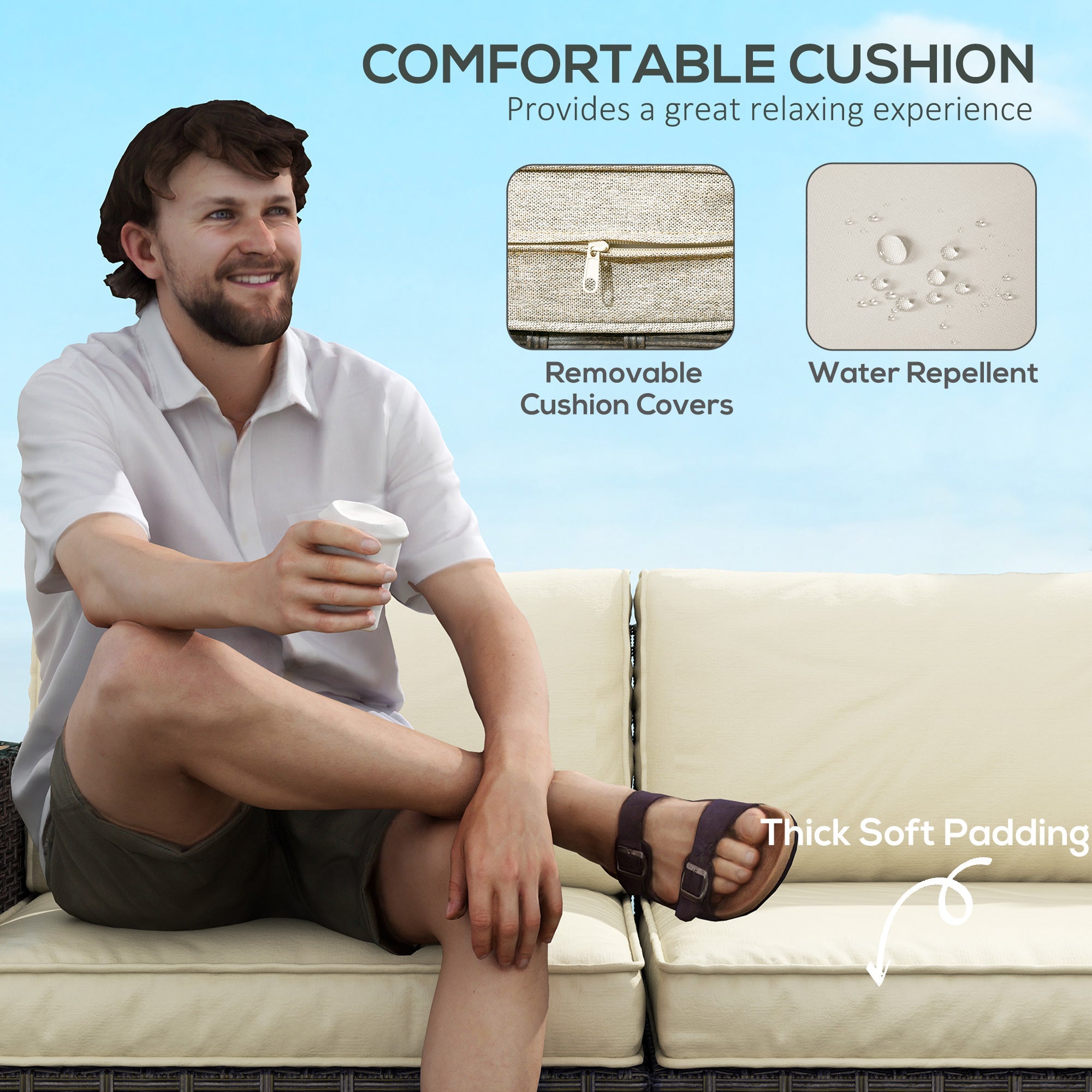 Outsunny 6 Pieces Outdoor Rattan Patio Furniture Set with Corner Sofa, Wood-Plastic Coffee Table, Light Khaki