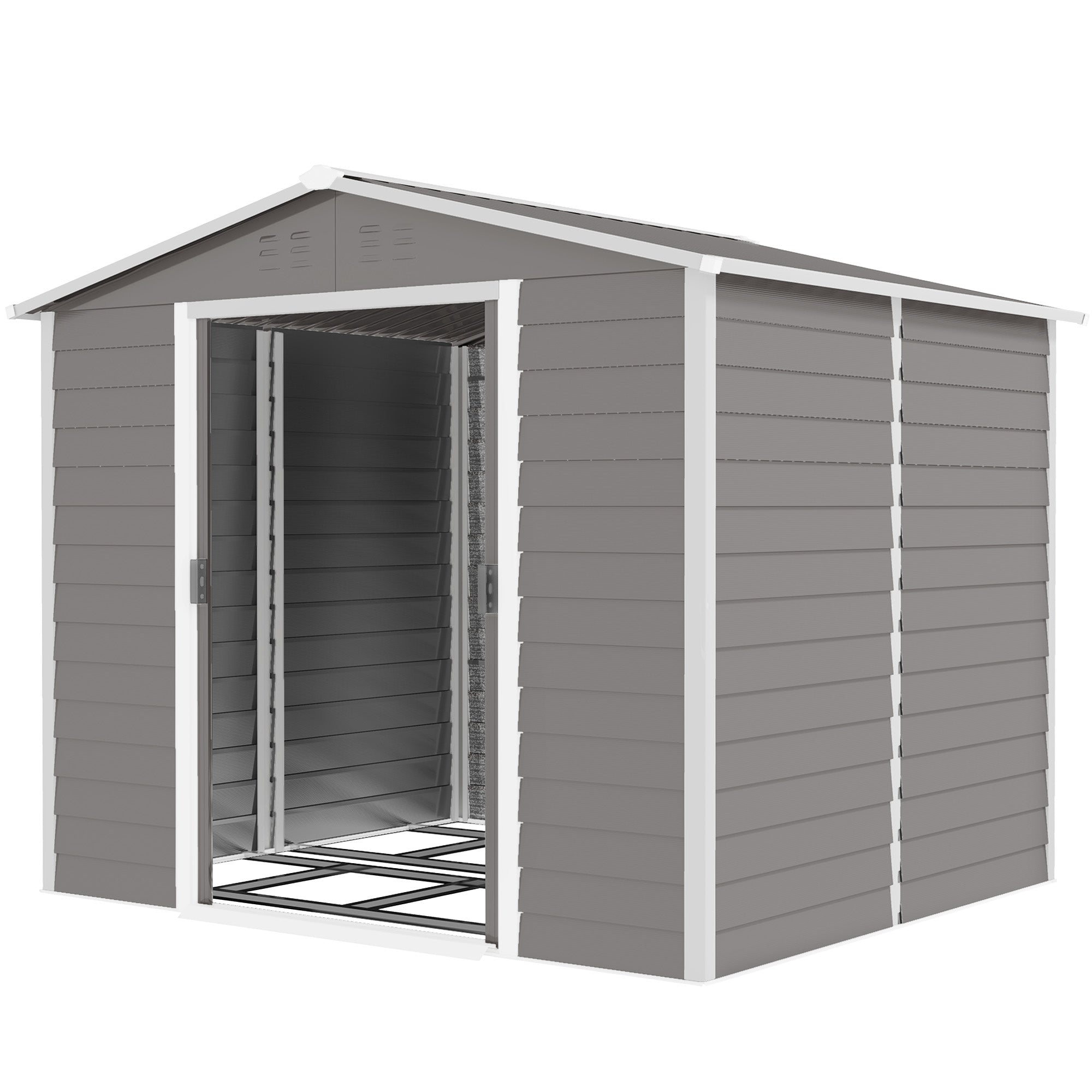 Outsunny 8' x 7' Outdoor Storage Shed, Galvanized Steel Metal Garden Shed w/ Sliding Lockable Doors, Floor Frame, Vents, Waterproof Tool Shed for Backyard, Lawn, Patio, Light Grey