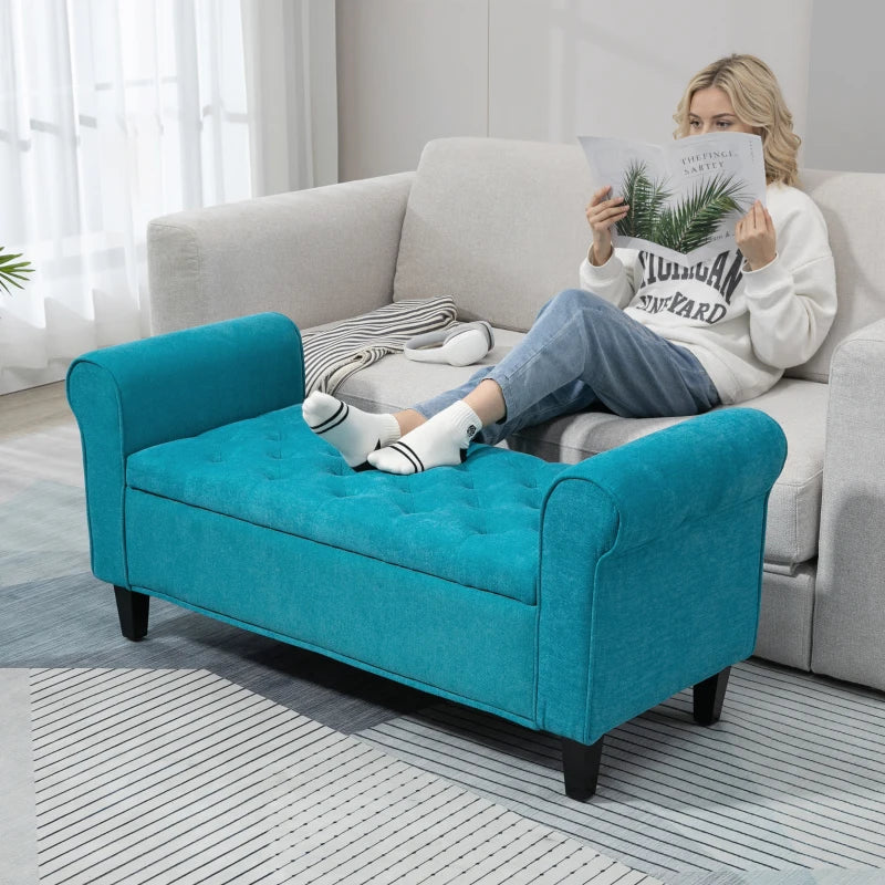 50 Inches Storage Ottoman, Upholstered Bedroom Bench with Rolled Arms and Button Tufted Storage, Teal