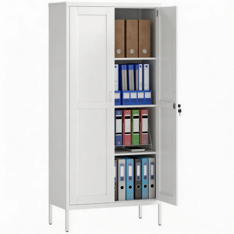 Office Storage Cabinet, Lockable Filing Cabinet with 3 Adjustable Shelves and 2 Doors for Home Office, Garage, White
