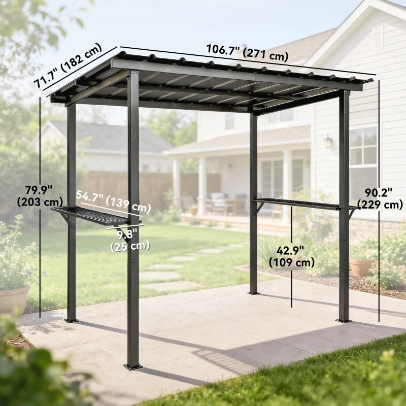 9' x 6' Hardtop Grill Gazebo, BBQ Gazebo with 2 Side Shelves and Galvanized Metal Slope Roof, Black
