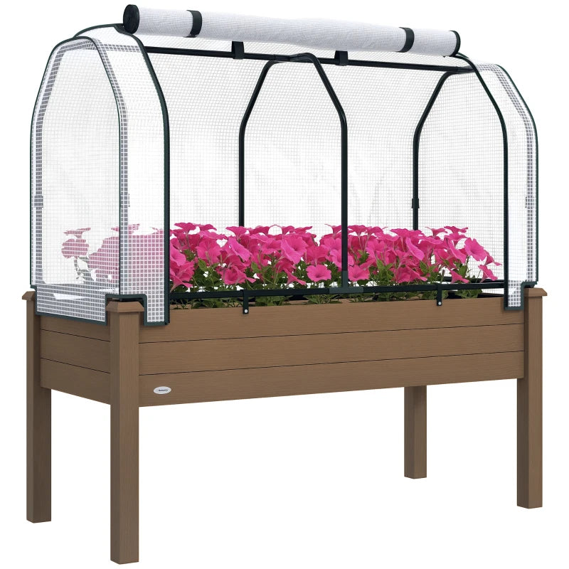 Raised Garden Bed with PE Greenhouse Cover Outdoor Elevated Wood Planter Box for Herbs and Vegetables Brown