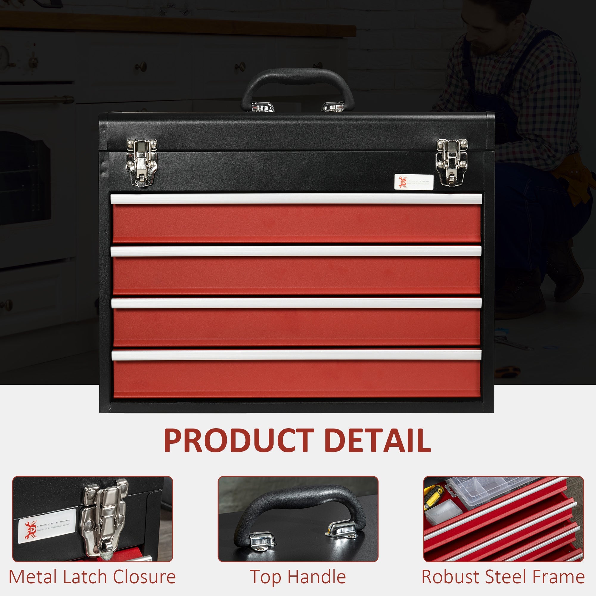 DURHAND Metal Organizer Mastery: Portable Tool Chest with 4 Drawers, Metal Latch Closure for Garage, Household, Warehouse