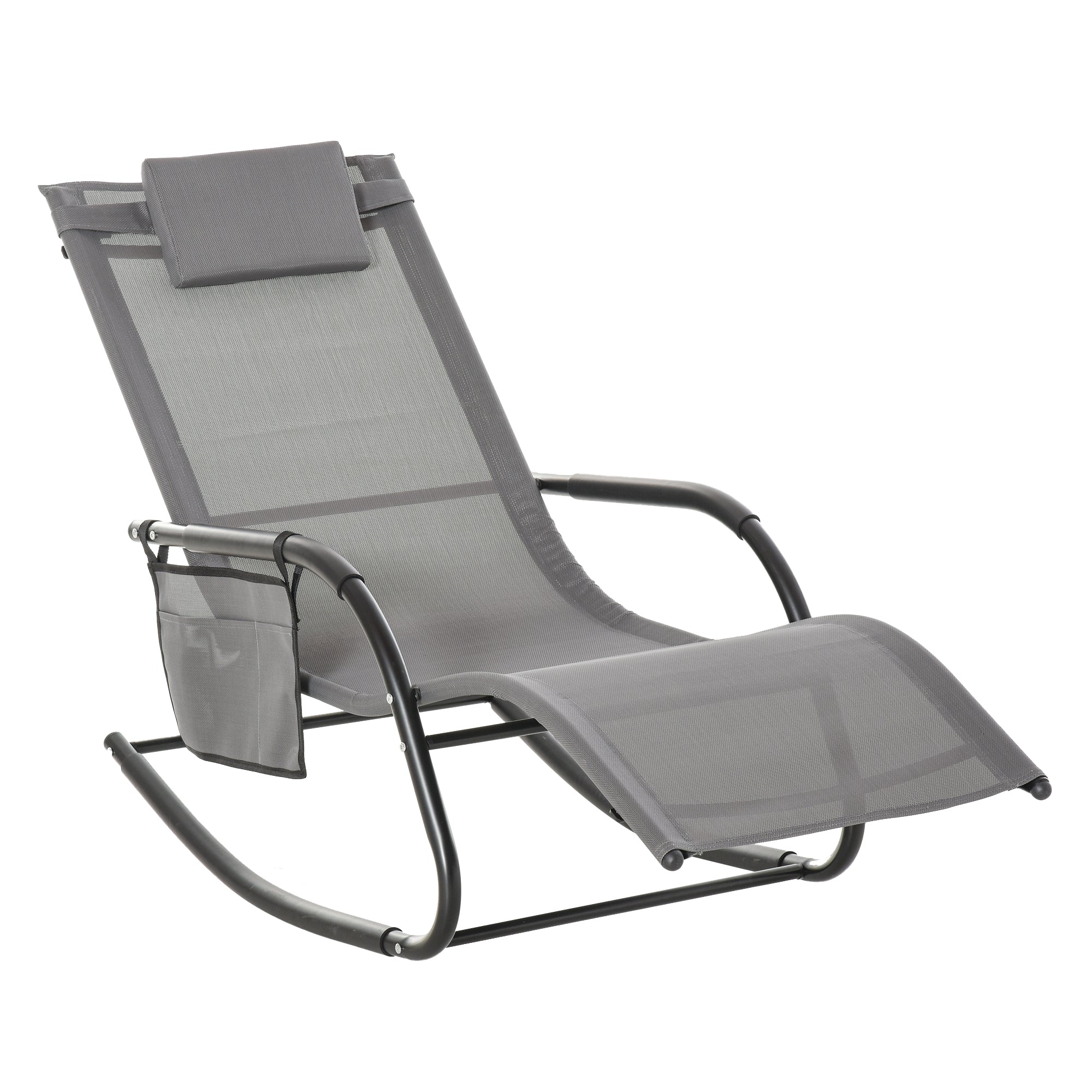 Outsunny Patio Rocking Recliner Chair Sling Fabric Sun Lounger with Headrest Side Pocket for Outdoor Garden Deck Grey