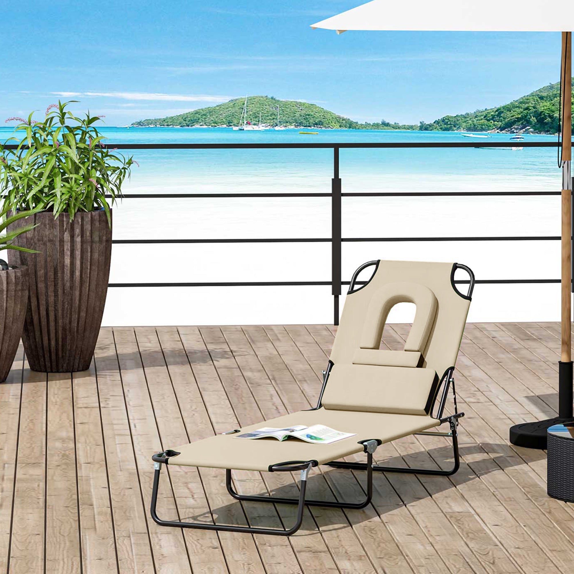 Outsunny Outdoor Lounge Chair Garden Folding Chaise with Adjustable Backrest Reading Hole Support Pillow Beige