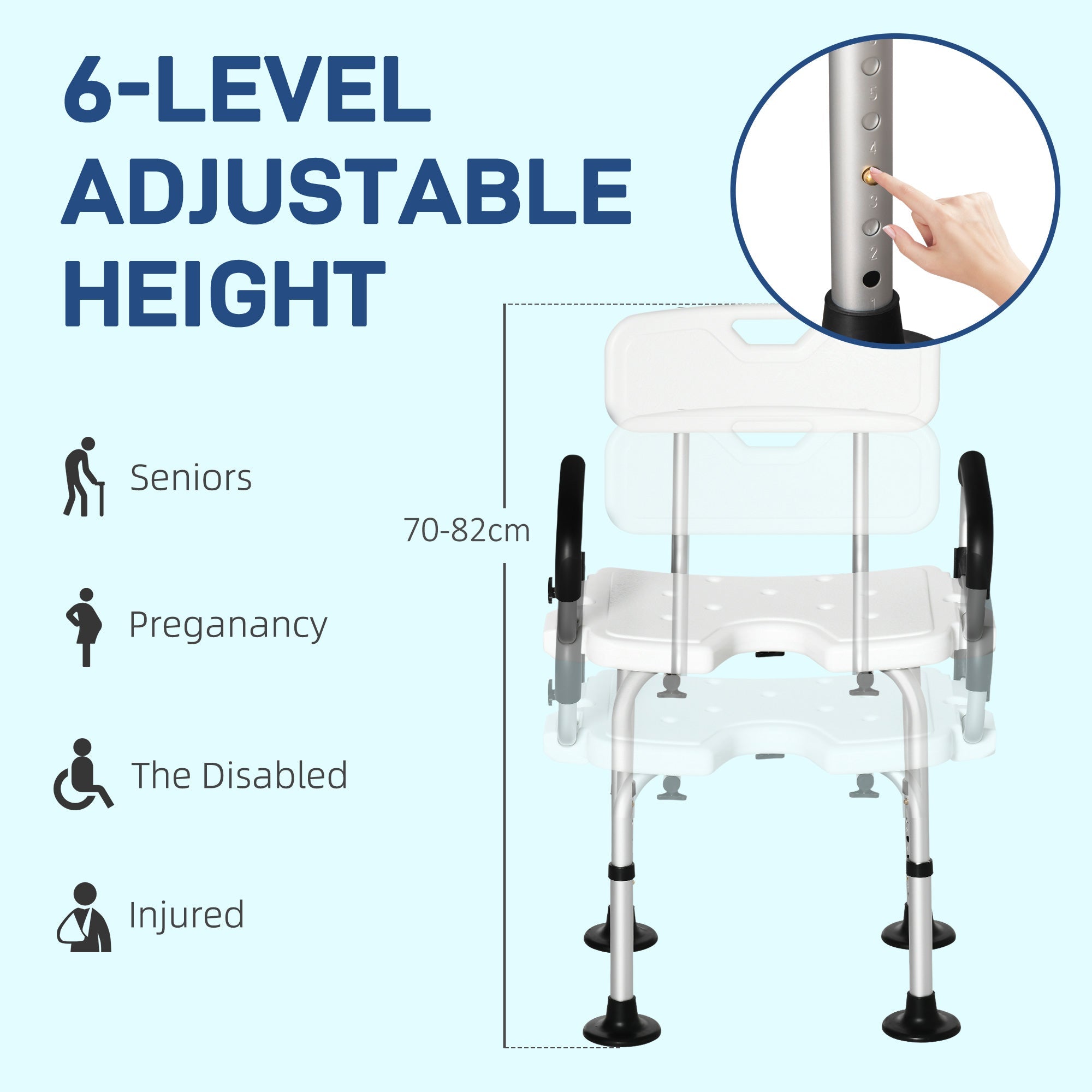 HOMCOM Shower Chair with Arms and Back, Bath Seat with Adjustable Height, Anti-slip Shower Bench for Seniors and Disabled, Tool-Free