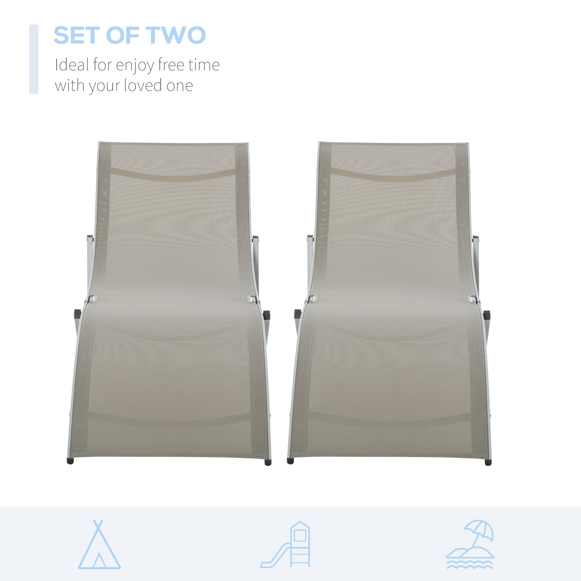 Outsunny Set of 2 S-shaped Foldable Lounge Chair Reclining Outdoor Chair for Patio Beach Garden With 264lbs Weight Capacity, Light Grey