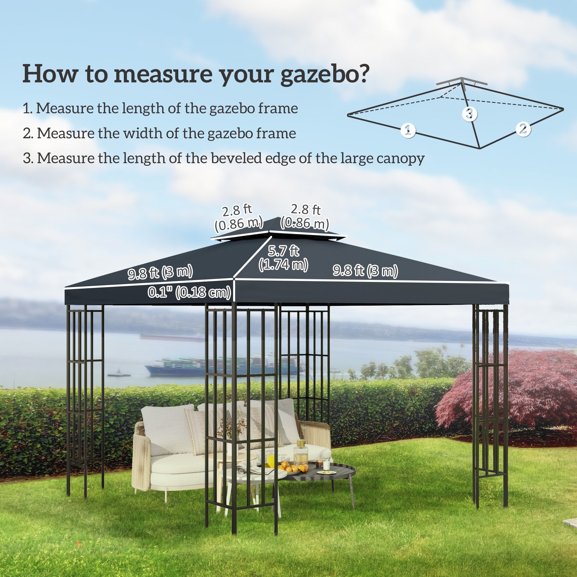 Outsunny 9.8' x 9.8' Square 2-Tier Gazebo Canopy Replacement Top Cover Outdoor Garden Sun Shade, Dark Grey