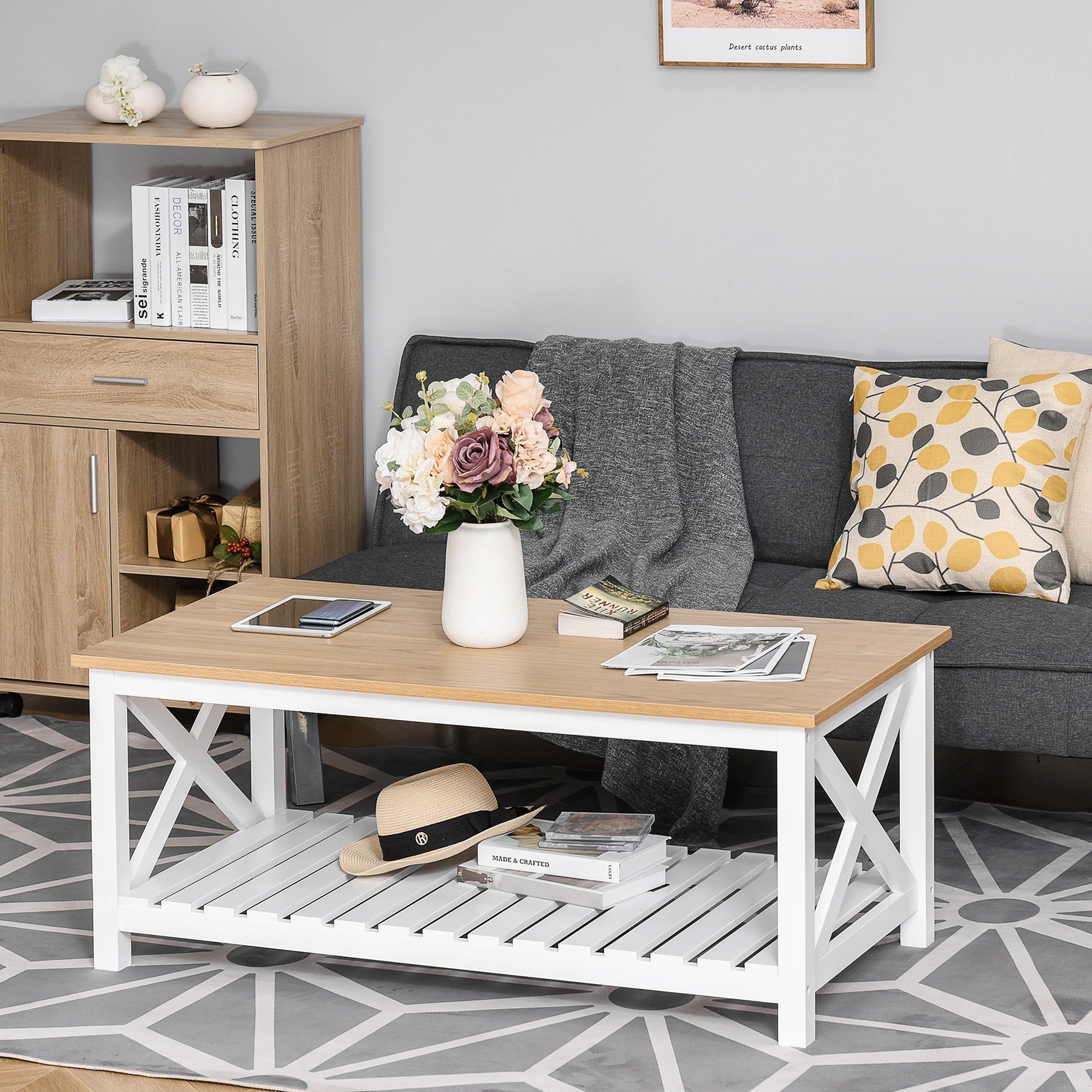 HOMCOM Farmhouse Style Coffee Table with Slatted Shelf White and Natural Center Table for Living Room