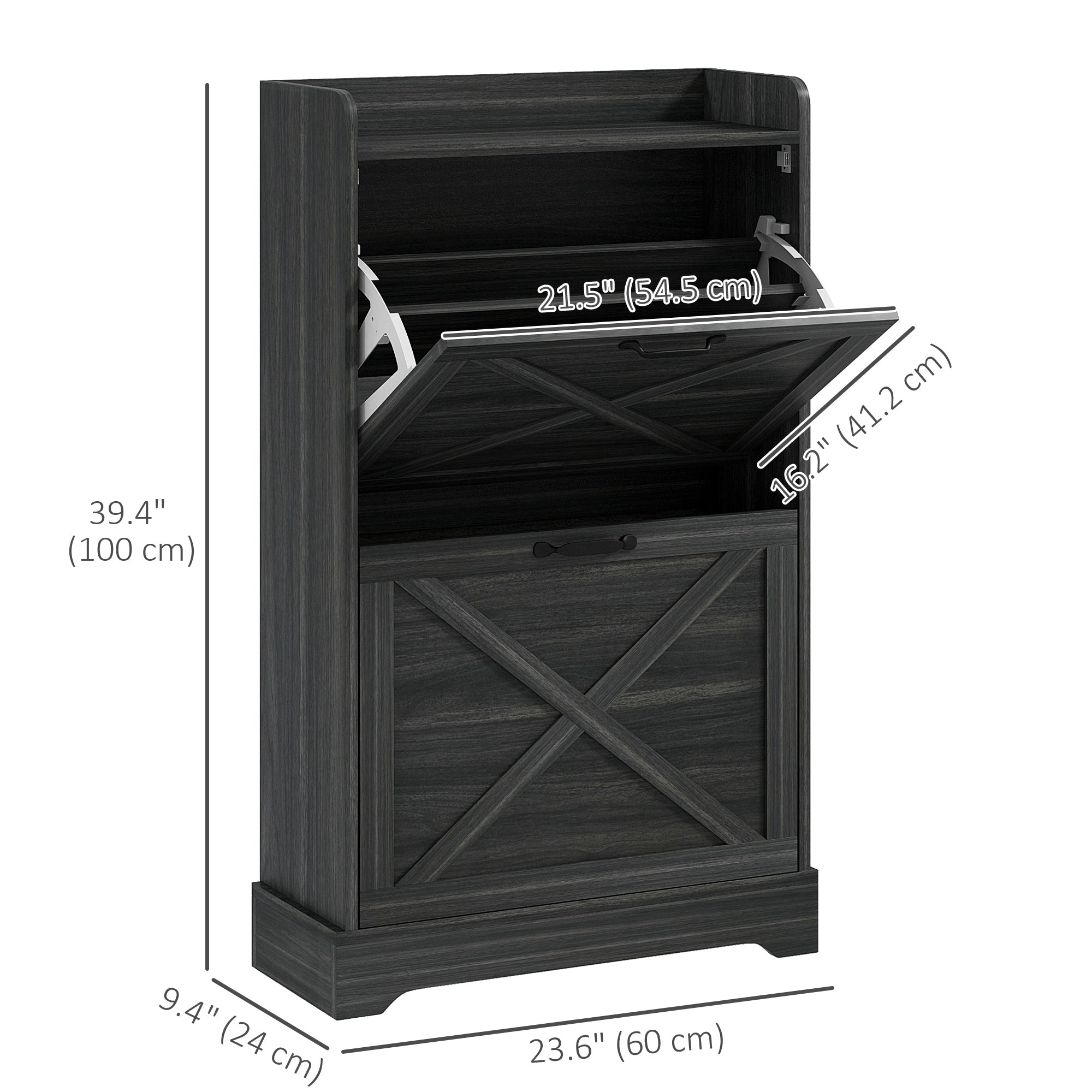 HOMCOM Slim Shoe Storage Cabinet, Farmhouse Shoe Cabinet with 2 Flip Drawers, Adjustable Shelves for 8 Pairs, Distressed Grey