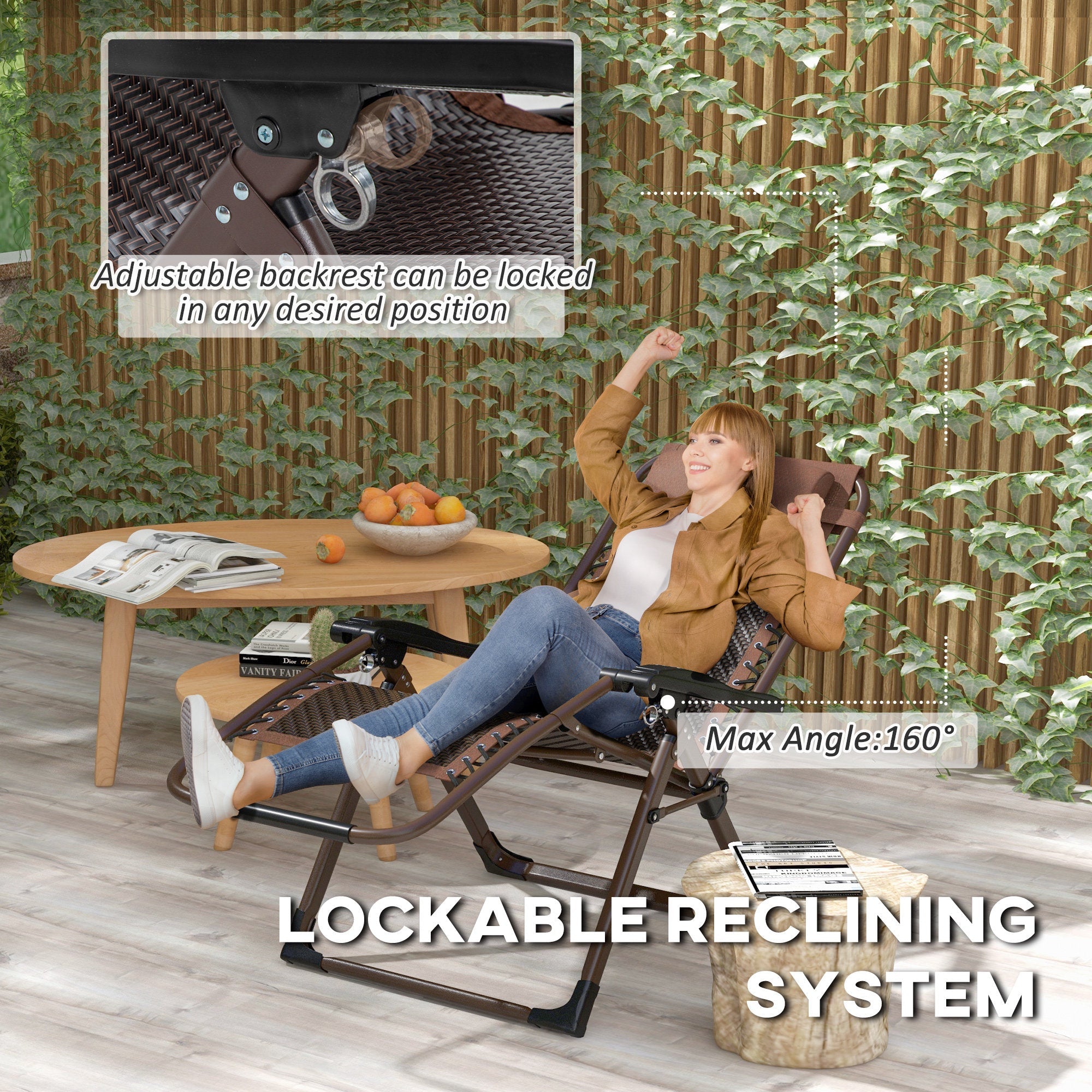 Outsunny Outdoor Zero Gravity Reclining Chair Folding PE Rattan Patio Lounge with Back Headrest Footrest Brown