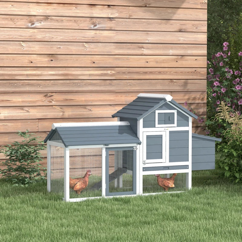 60" Large Chicken Coop Wooden Hen House for Outdoor Backyard with 2 Doors, Nesting Box and Removable Tray, White