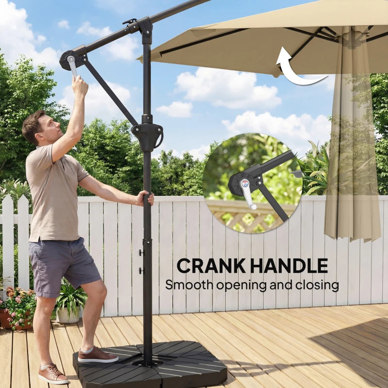 9.7 ft Offset Patio Umbrella with Water/Sand Fillable Weights, Garden Hanging Parasol with Locking Latch, Khaki