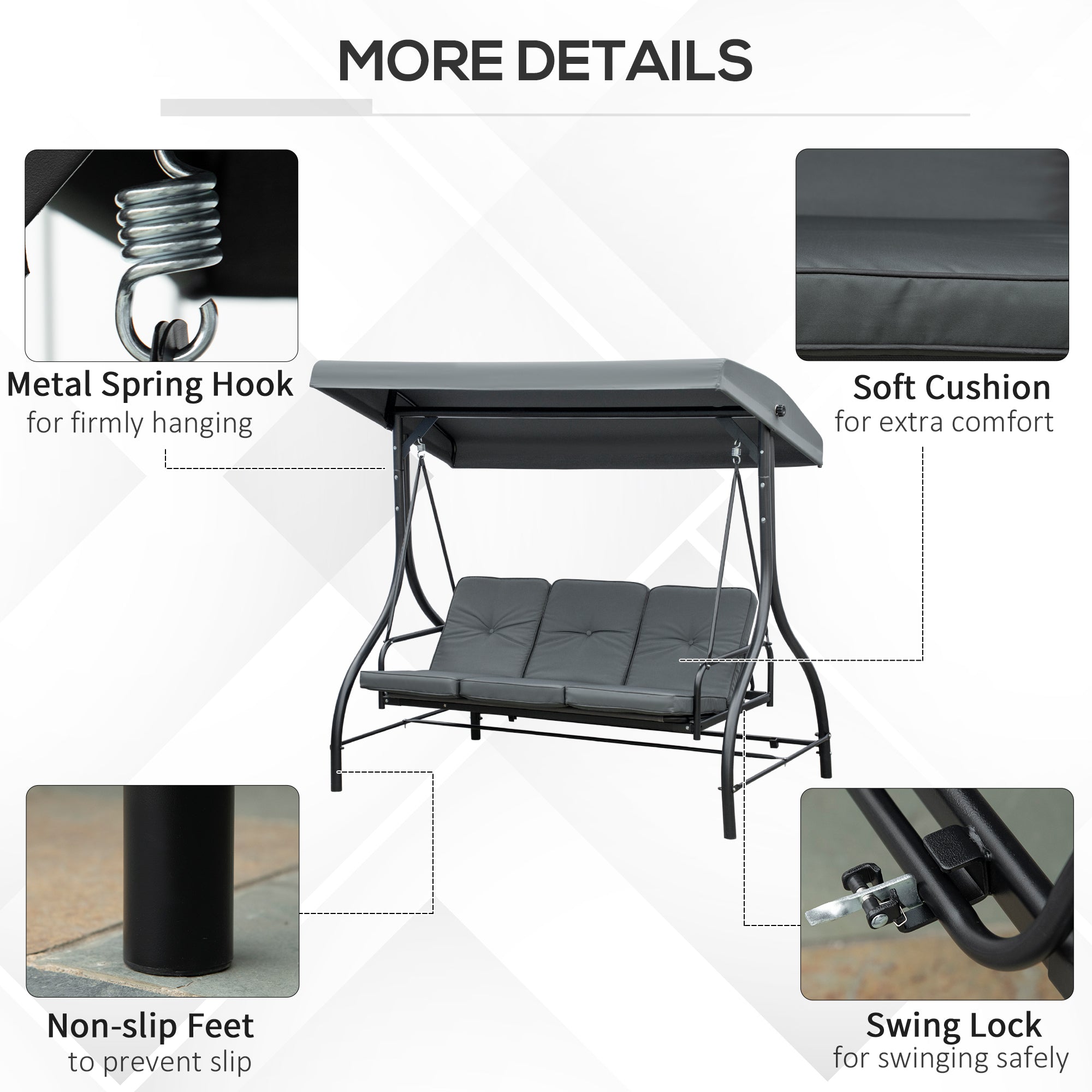 Outsunny Patio Swing Bed Convertible 3 Seater with Adjustable Canopy Cushions Dark Grey