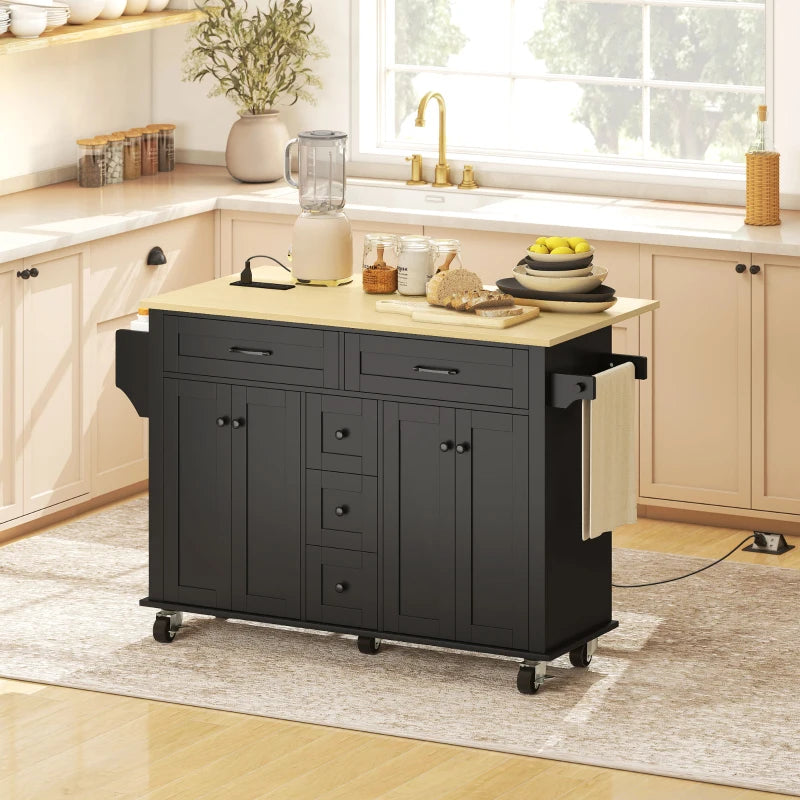 Kitchen Island Cart with Power Outlet & Drop Leaf, 55" Rolling Kitchen Island on Wheels with Storage, Black