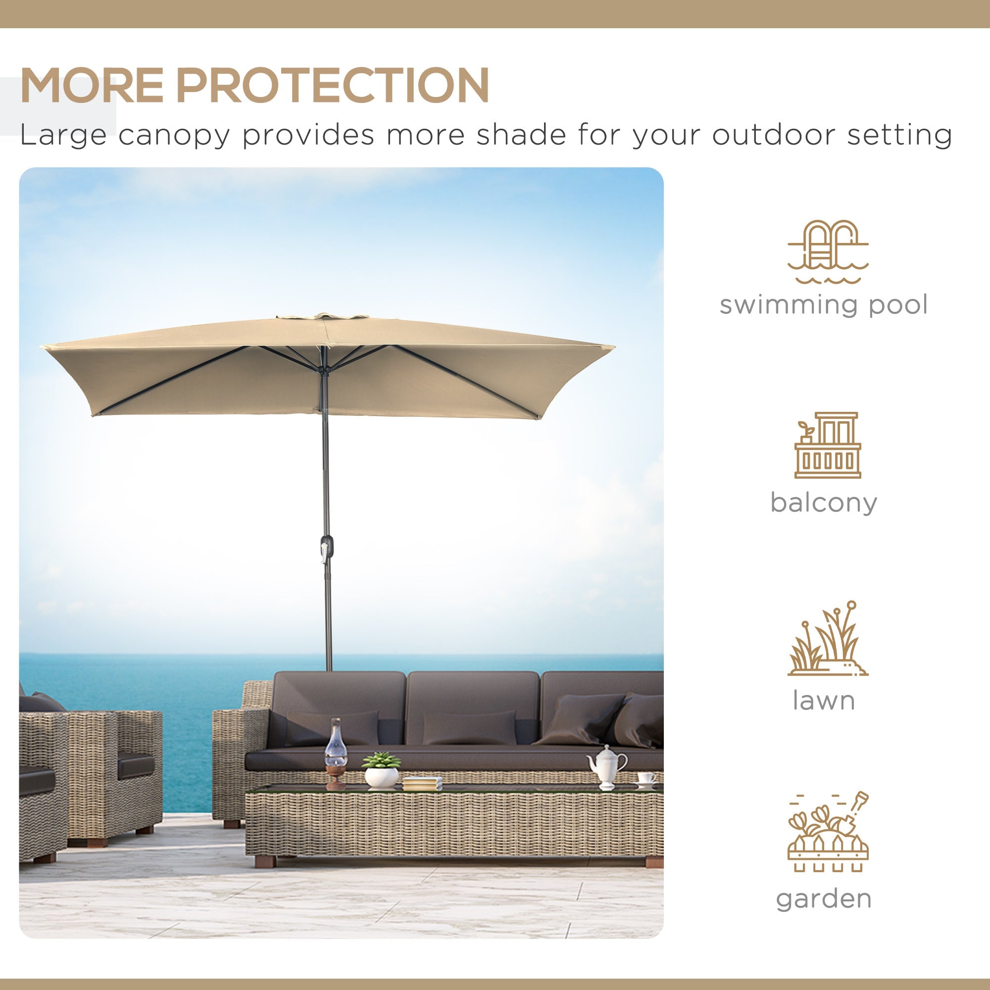 Outsunny Rectangle Patio Umbrella: 6.5x10ft Aluminum Tilt Outdoor Sunshade Canopy with Crank, Tan