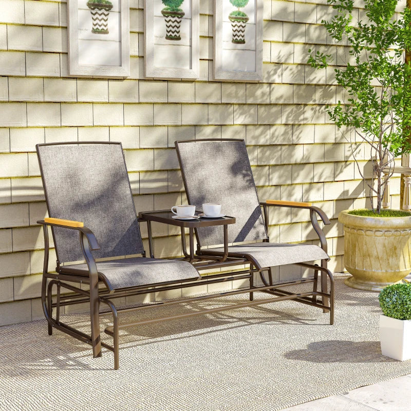Outdoor 2-Person Glider Bench, Outside Swing Glider Chair Loveseat with Breathable Mesh, Table, Steel Frame