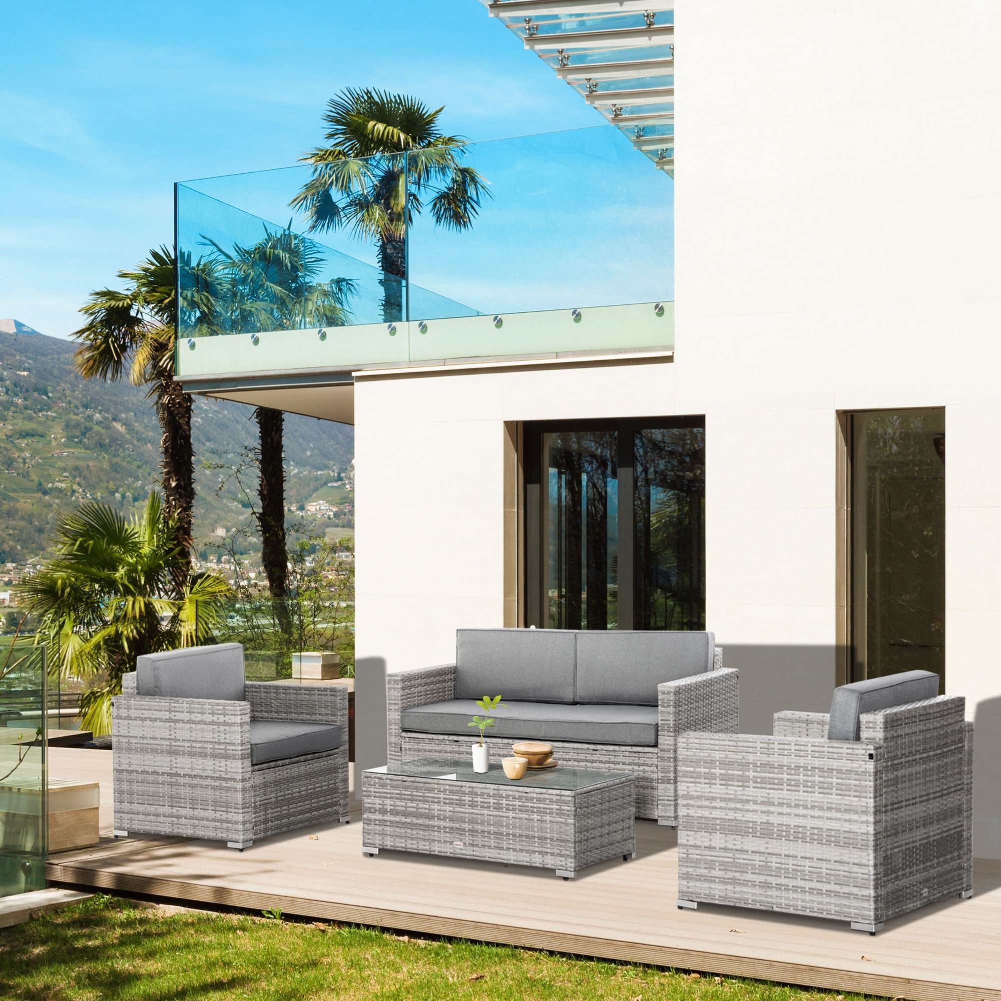 Outsunny Deluxe 4PC Outdoor Wicker Sofa Set PE Rattan Patio Furniture Extra Wide Seat Conversation Tempered Glass