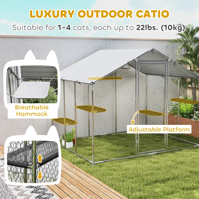 Large Catio Outdoor Cat Enclosure with Waterproof Cover, Walk-in Cat Patio w/ 5 Adjustable Platforms & Hammock 94.5" W