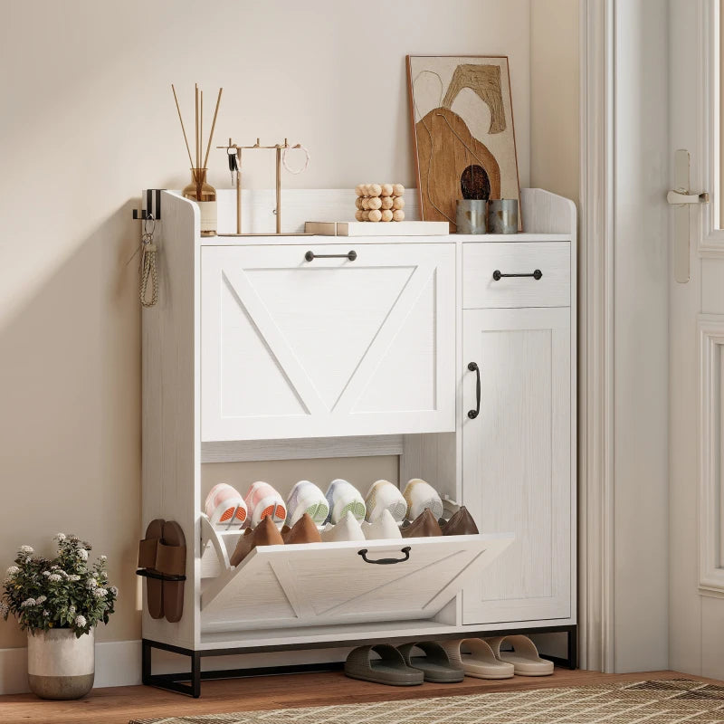 Farmhouse Shoe Storage Cabinet with Side Cabinet and Adjustable Shelves for Entryway, Hallway, Holds 12 Pairs, White