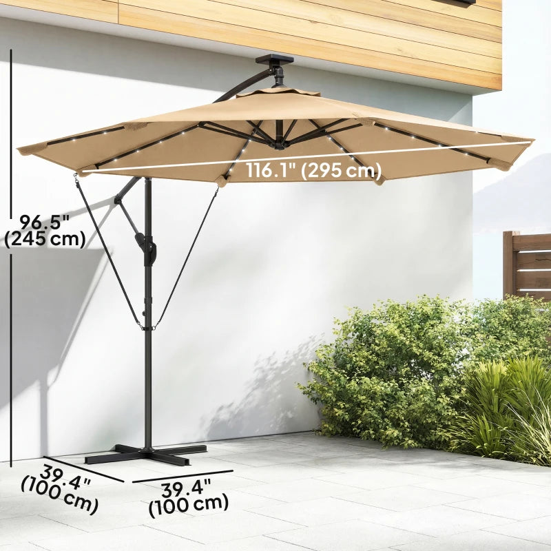 9.7ft Solar LED Cantilever Patio Umbrella with 32 LED Lights, Cross Base, Crank Handle, for Poolside, Deck, Khaki