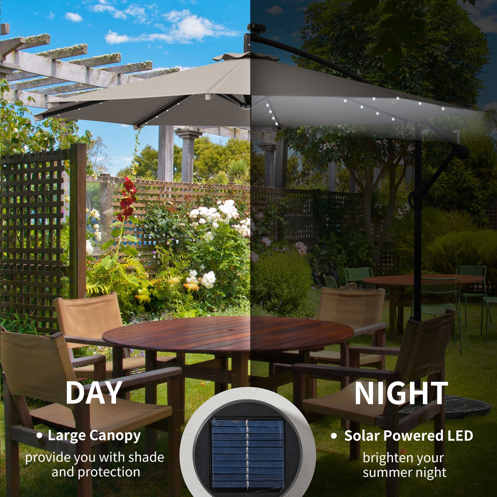 Outsunny 10' Cantilever Banana Umbrella Solar Lights Adjustable Angle Patio Backyard Khaki