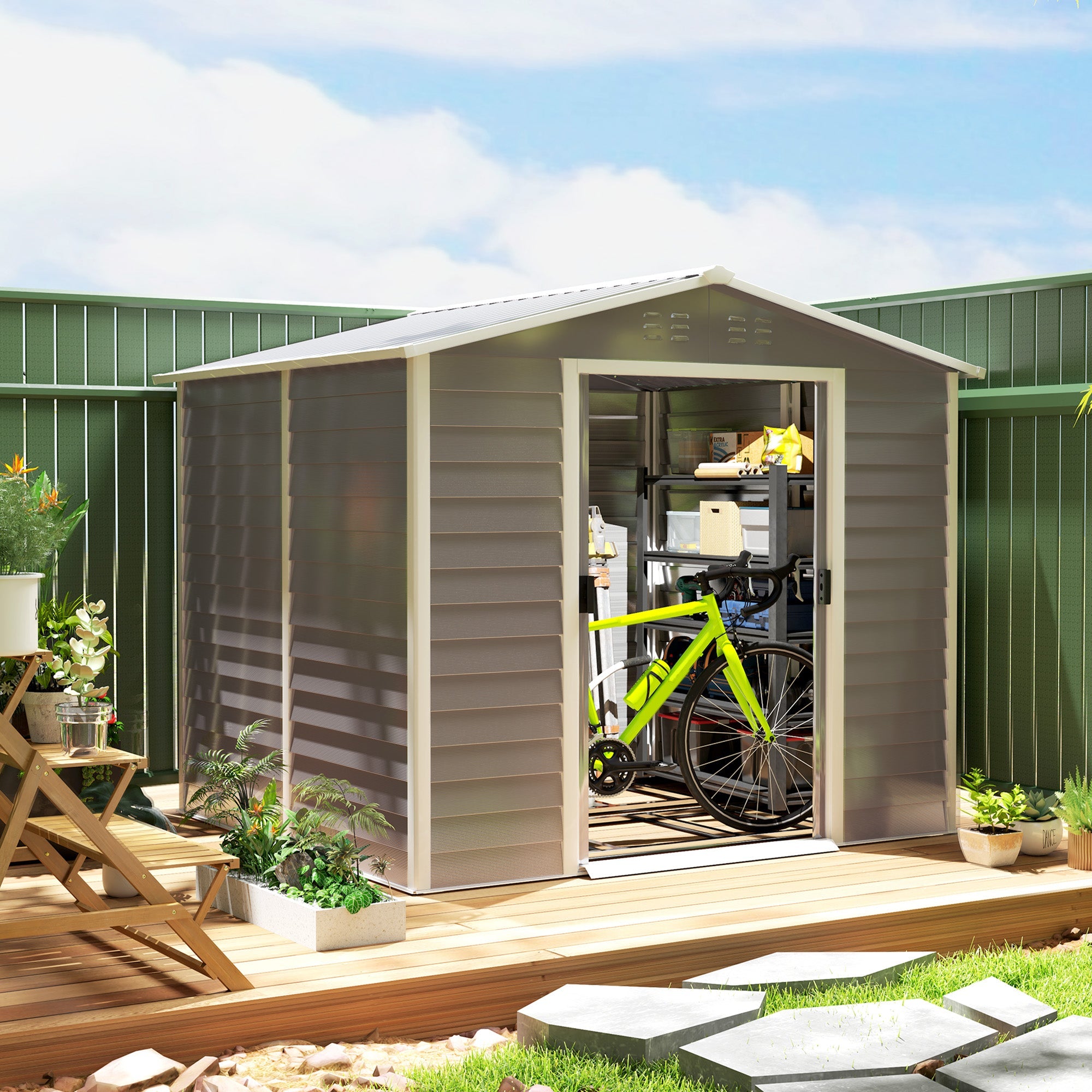 Outsunny 8' x 7' Outdoor Storage Shed, Galvanized Steel Metal Garden Shed w/ Sliding Lockable Doors, Floor Frame, Vents, Waterproof Tool Shed for Backyard, Lawn, Patio, Light Grey