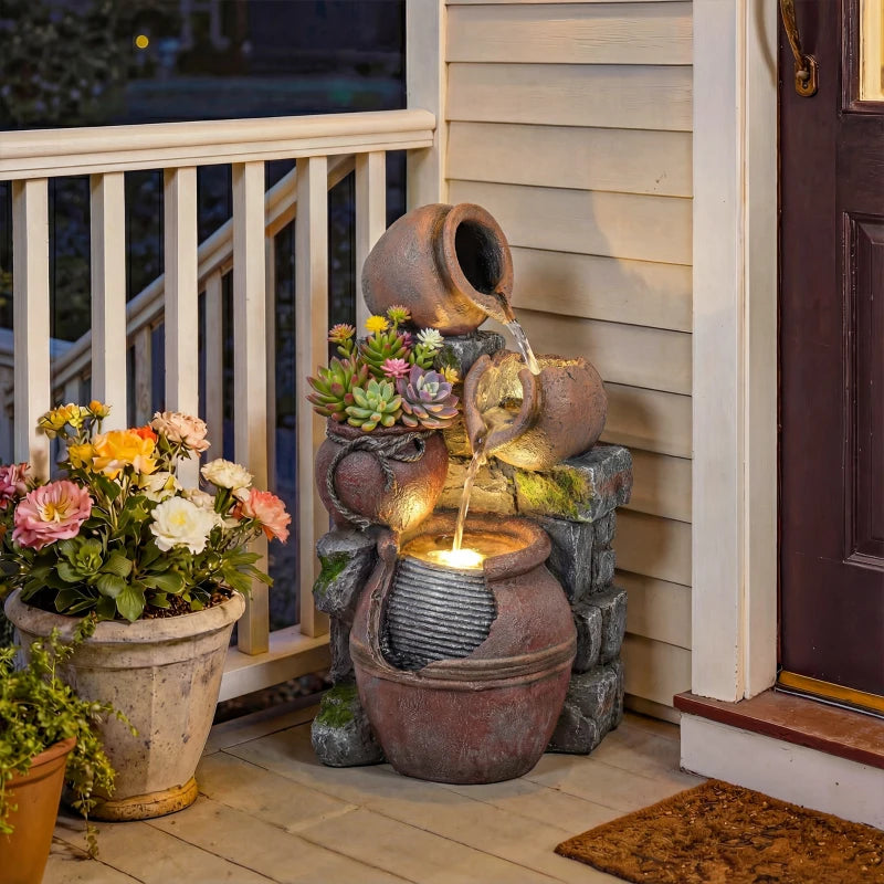 Outdoor Fountain with 4-Tier Rustic Pot Design, Cascading Rock Waterfall with LED Lights and Adjustable Flow