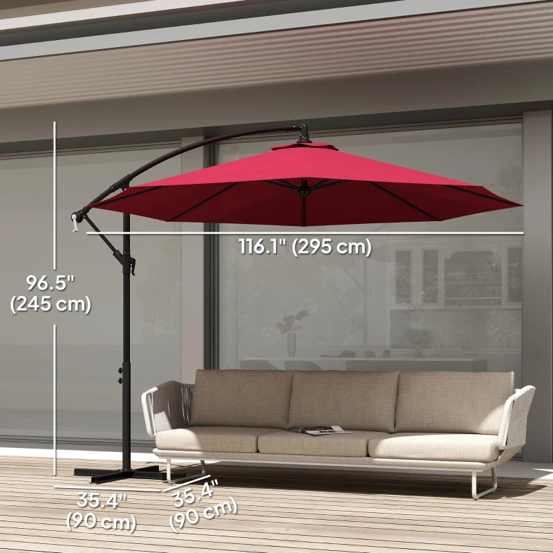 9.7ft Offset Patio UmbrellaCantilever Parasol with Crank Handle, 8 Ribs and Cross Base for Outdoor, Sun Shade, Wine Red