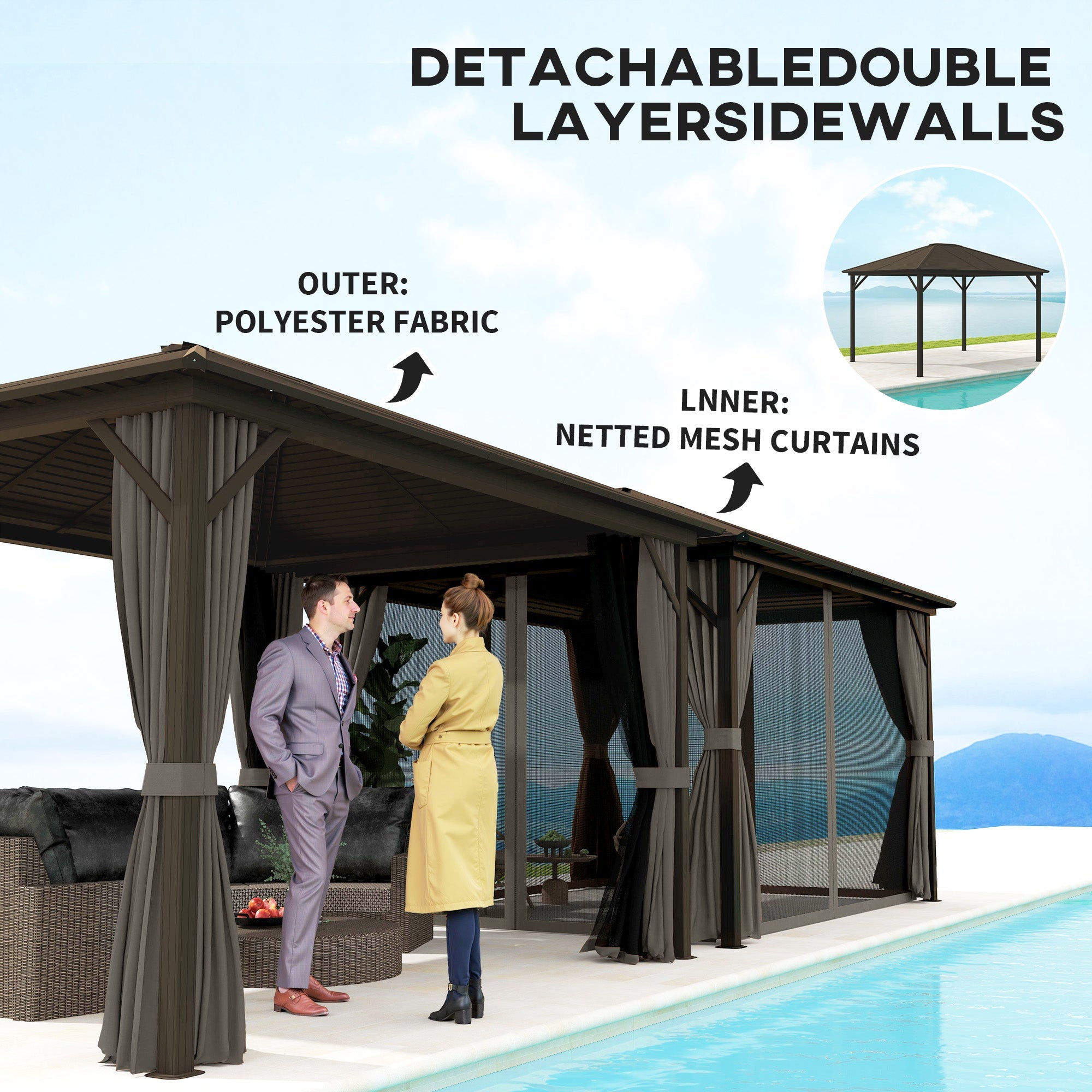 Outsunny 10' x 12' Deluxe Hardtop Gazebo with Metal Roof, Aluminum Frame Patio Gazebo Garden Sun Shelter Outdoor Pavilion with Curtains and Netting, Grey