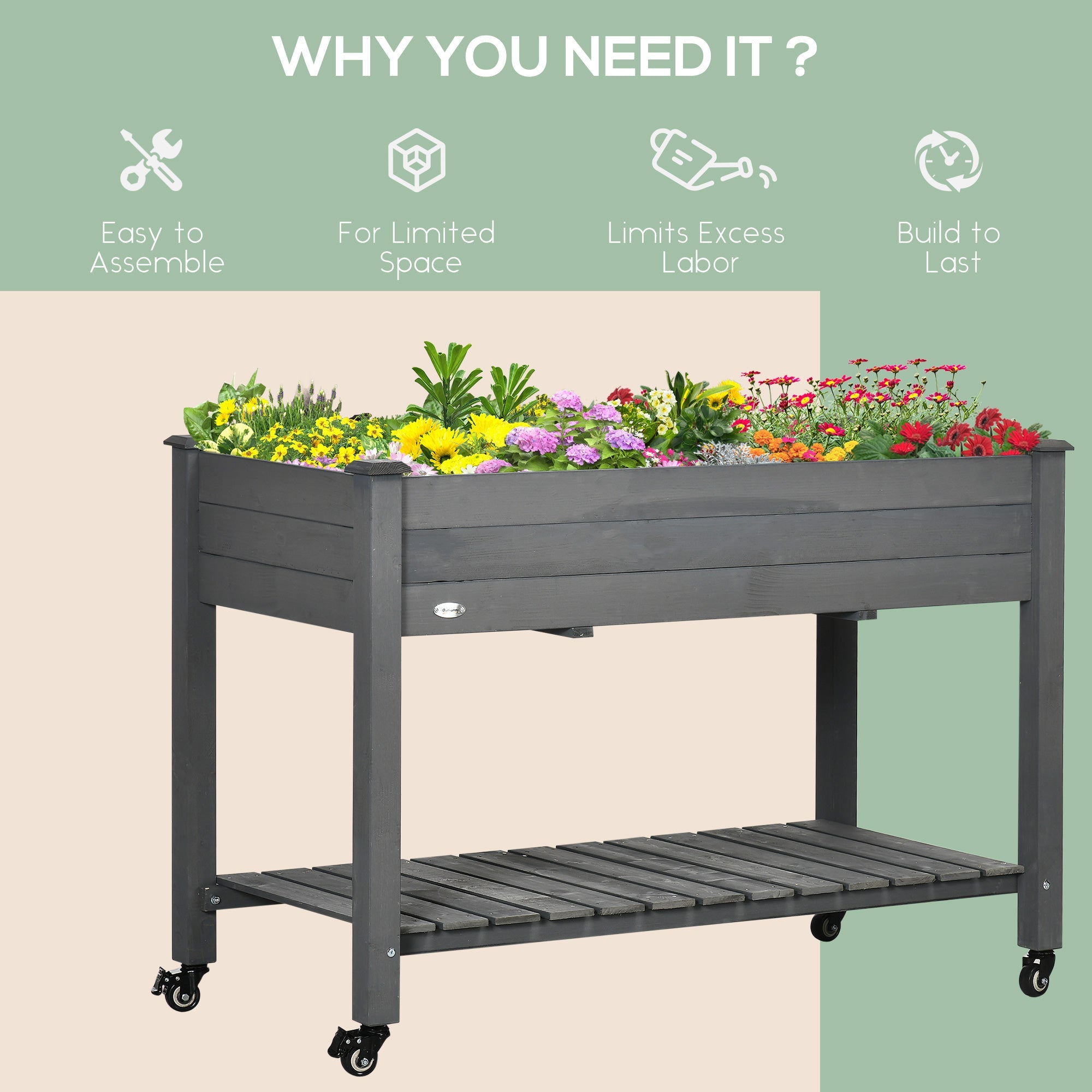 Outsunny Elevated Mobile Garden Bed - Dark Grey Wood Planter Box with Lockable Wheels & Storage Shelf for Herbs & Vegetables