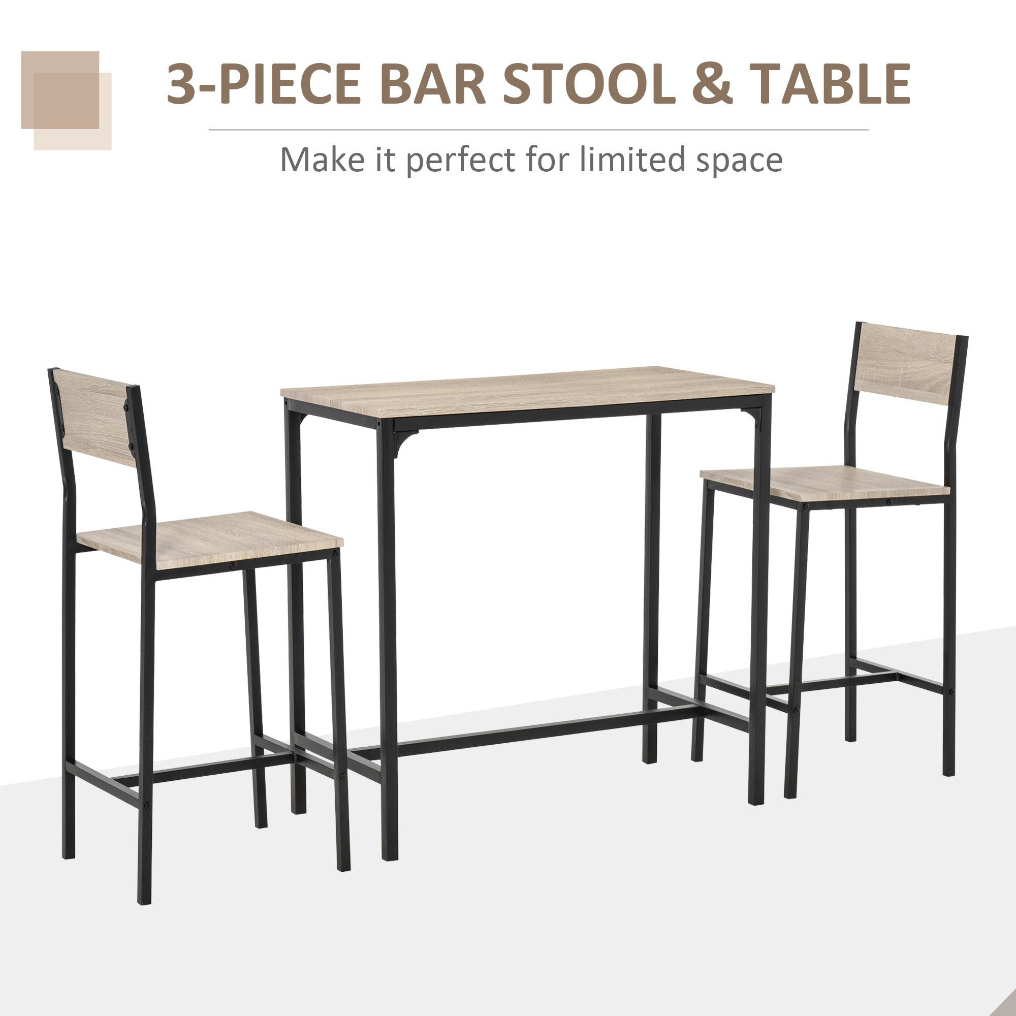 HOMCOM Industrial 3 Piece Dining Set Counter Height Table and High Back Stools for Small Spaces