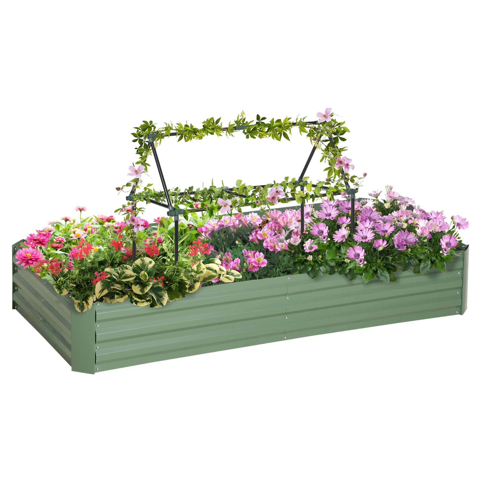 Outsunny 6' x 3' x 1' Raised Garden Bed with 2 Trellis Tomato Cages, Steel Frame Elevated Planter Box, Light Green