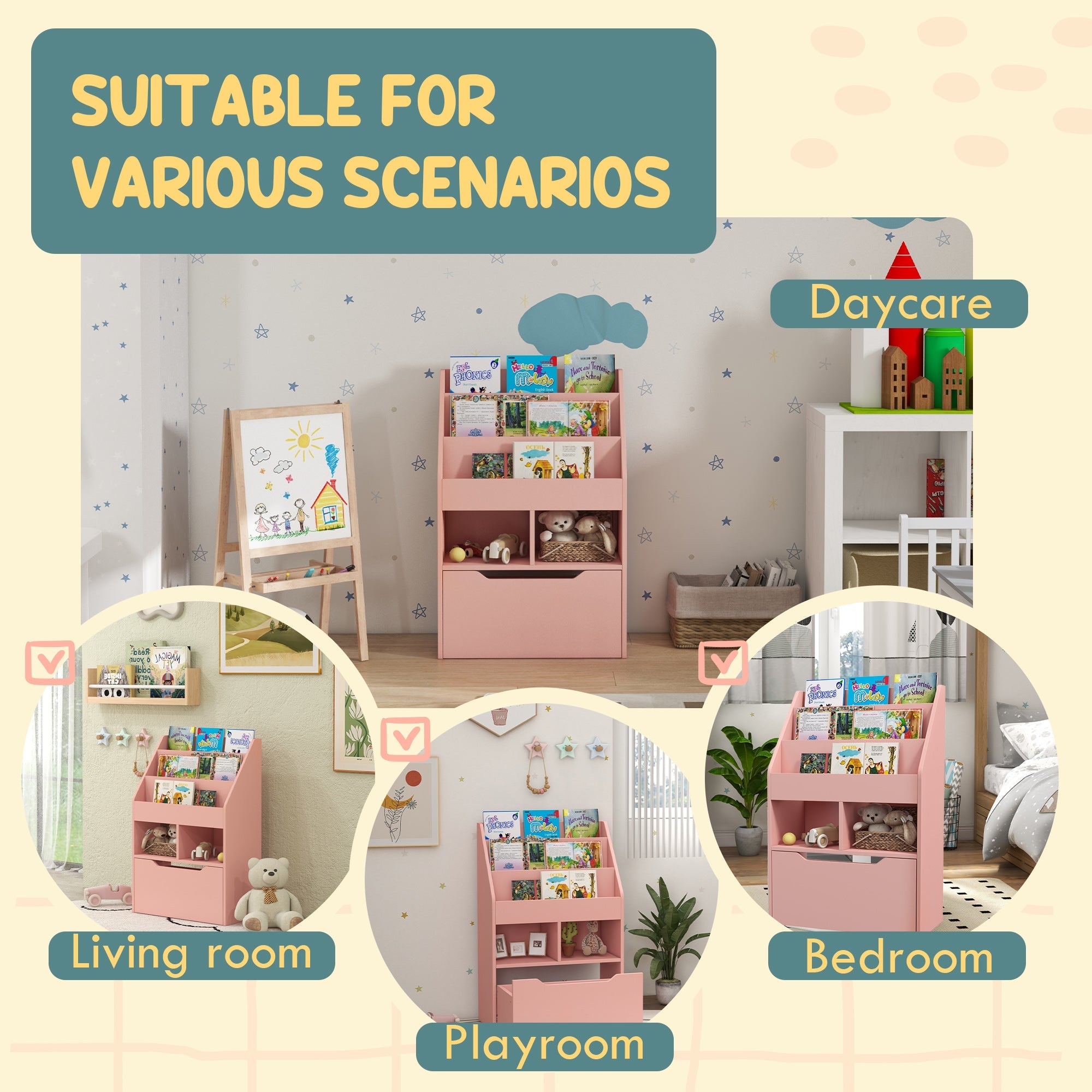 HOMCOM Kids Bookcase with Storage Drawer for Books, Reading Nook, for Classroom, Bedroom, Playroom, Pink