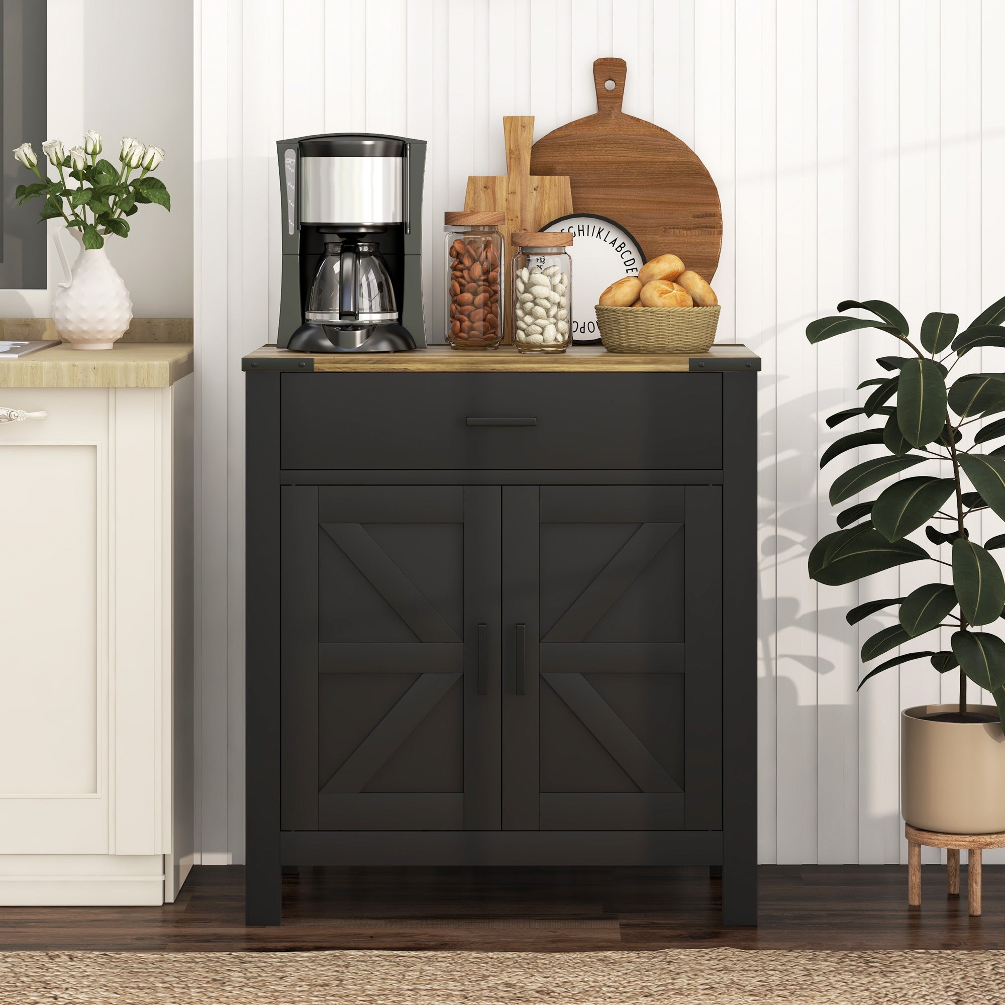 HOMCOM Farmhouse Buffet Cabinet Sideboard with 1 Drawer, 1 Storage Cabinet and Adjustable Shelf, Black