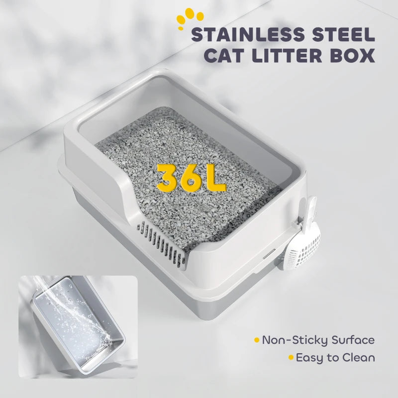 Stainless Steel Cat Litter Box with Lid with Scoop, High Sided, Non-Stick, & Anti-Urine Leakage, Easy Cleaning