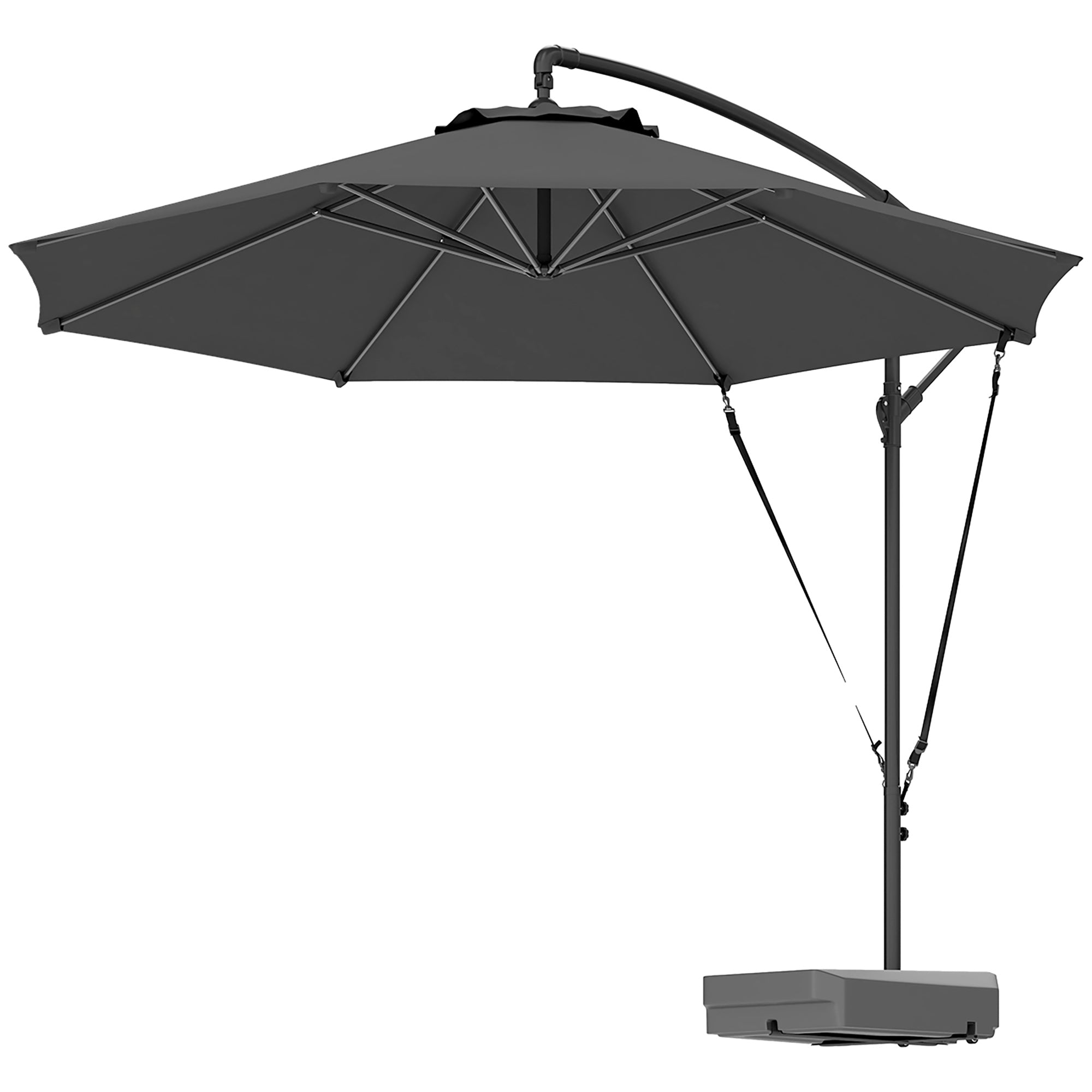 Outsunny 10FT Cantilever Umbrella with Fillable Base, Wind Strap and Cover, Offset Hanging Umbrella with Crank, UPF50+, Grey