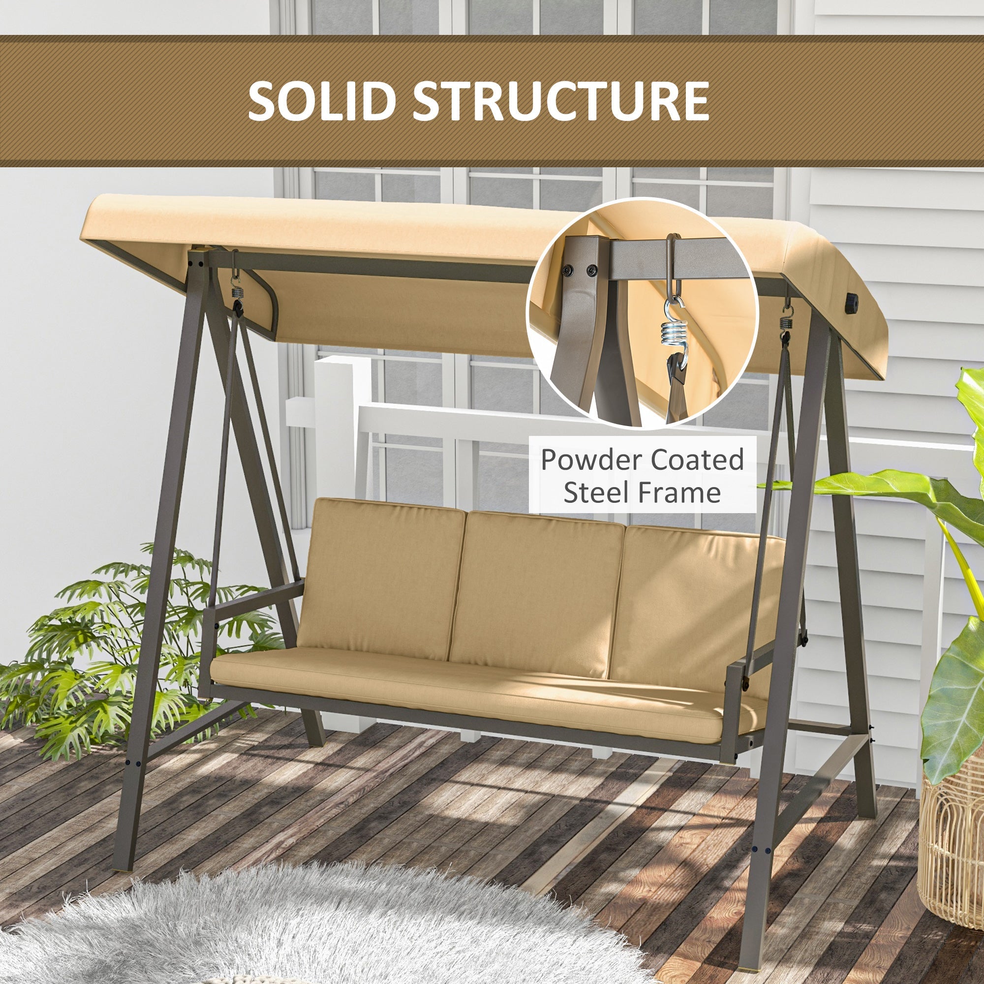 Outsunny 3 Seater Patio Swing Chair, Porch Swing with Adjustable Canopy and Removable Cushions, Outdoor Swing Seat, Beige