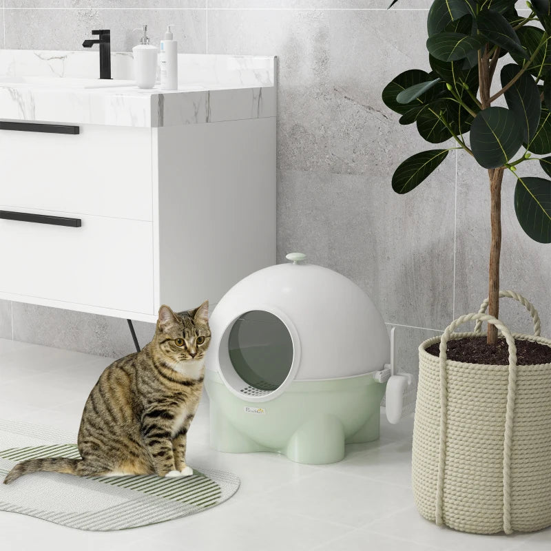 Enclosed Cat Litter Box, Large Kitty Litter Box with Lid, Scoop, Leaking Sand Pedal, Top Handle, Light Green