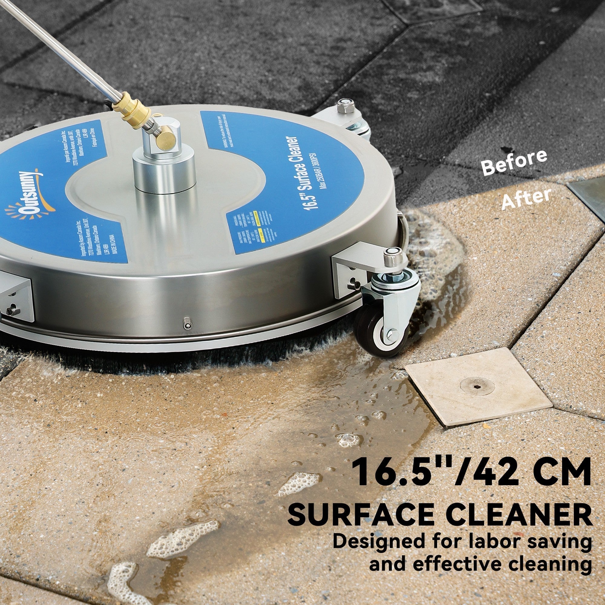 Outsunny 16" Pressure Washer Surface Cleaner with 4 Wheels, Stainless Steel Power Washer Surface Cleaner with 1/4" Quick Connector, 2 Extension Wands, 3600 PSI, Silver