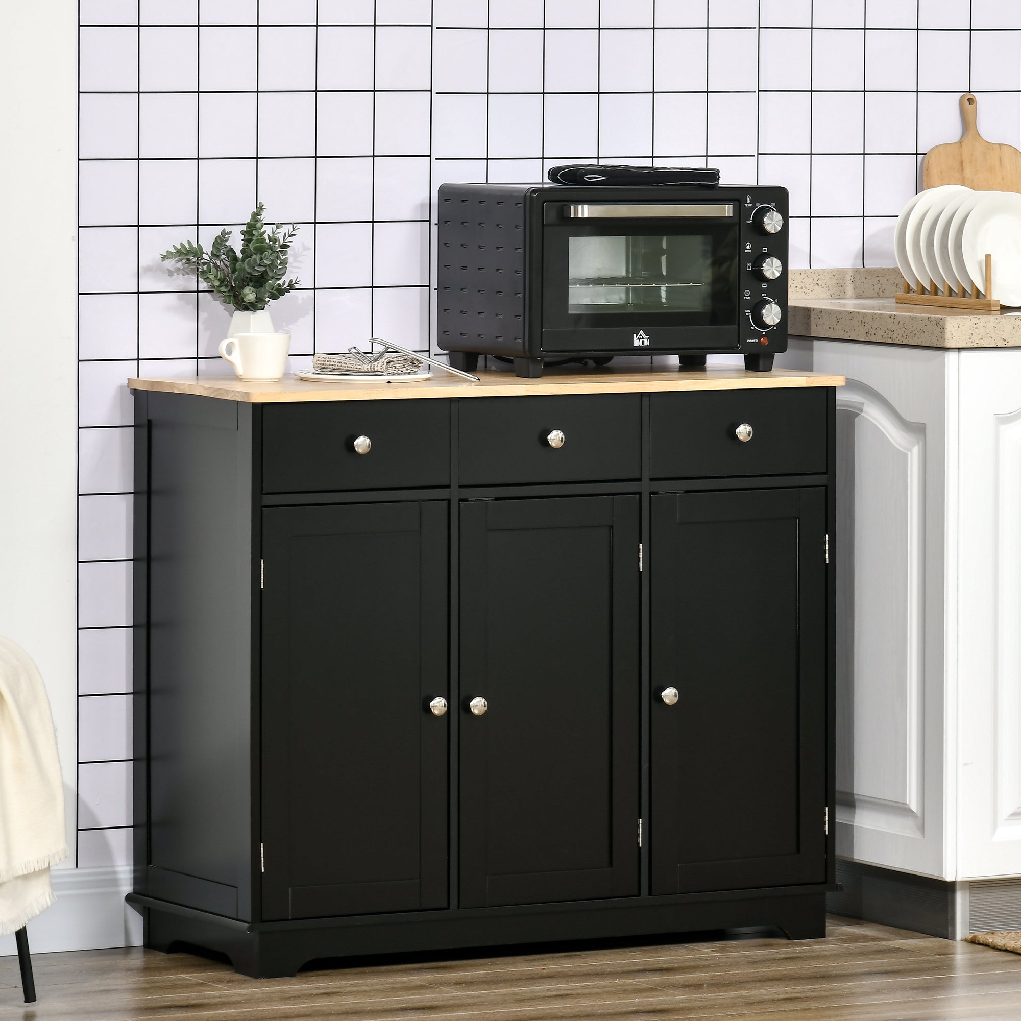 HOMCOM Black Rubberwood Buffet Cabinet: Modern Sideboard with Storage Cabinets, Drawers and Adjustable Shelves for Living Room
